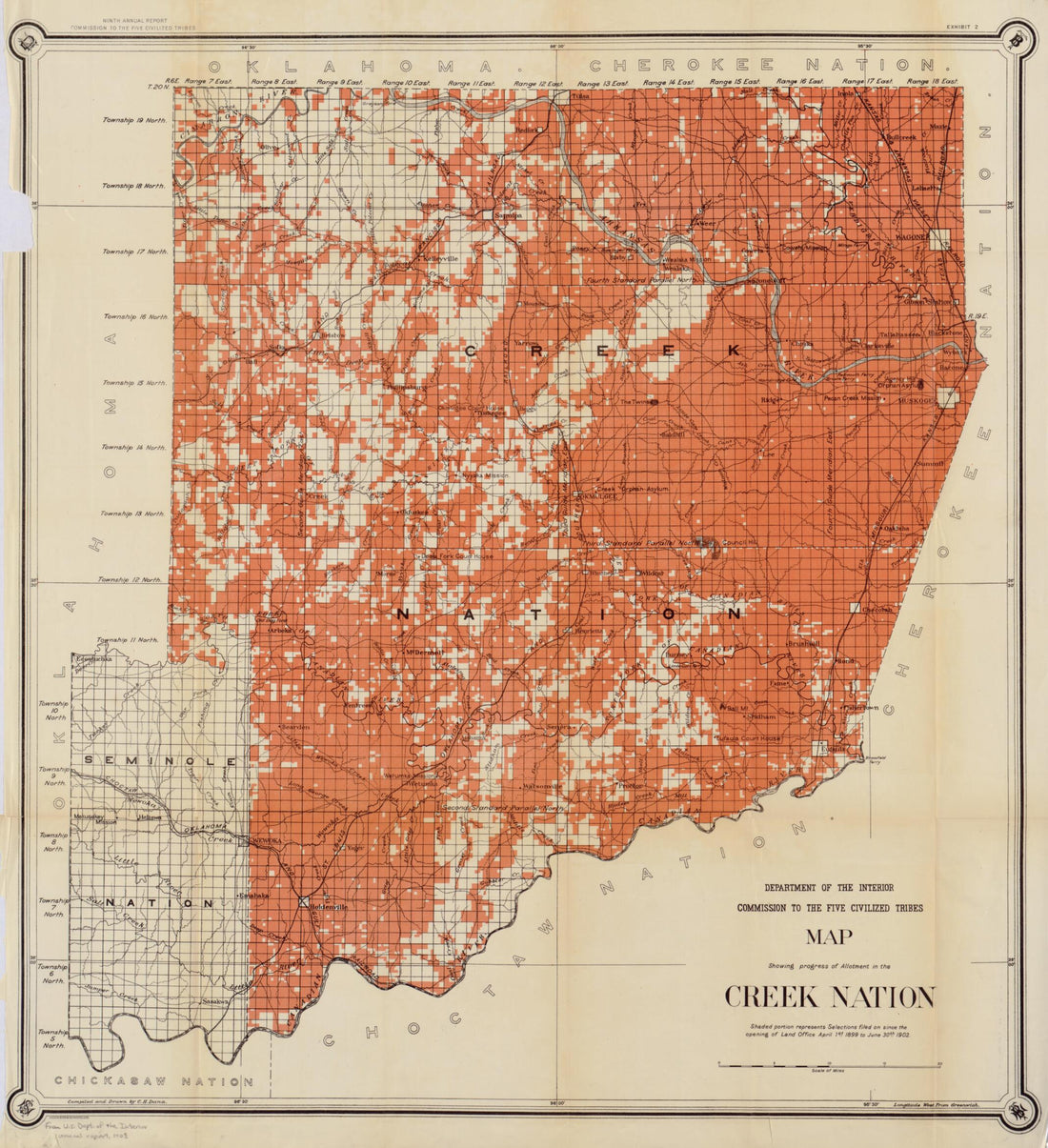 This old map of Map Showing Progress of Allotment In the Creek Nation from 1902 was created by C. H. Dana,  United States. Commission to the Five Civilized Tribes in 1902