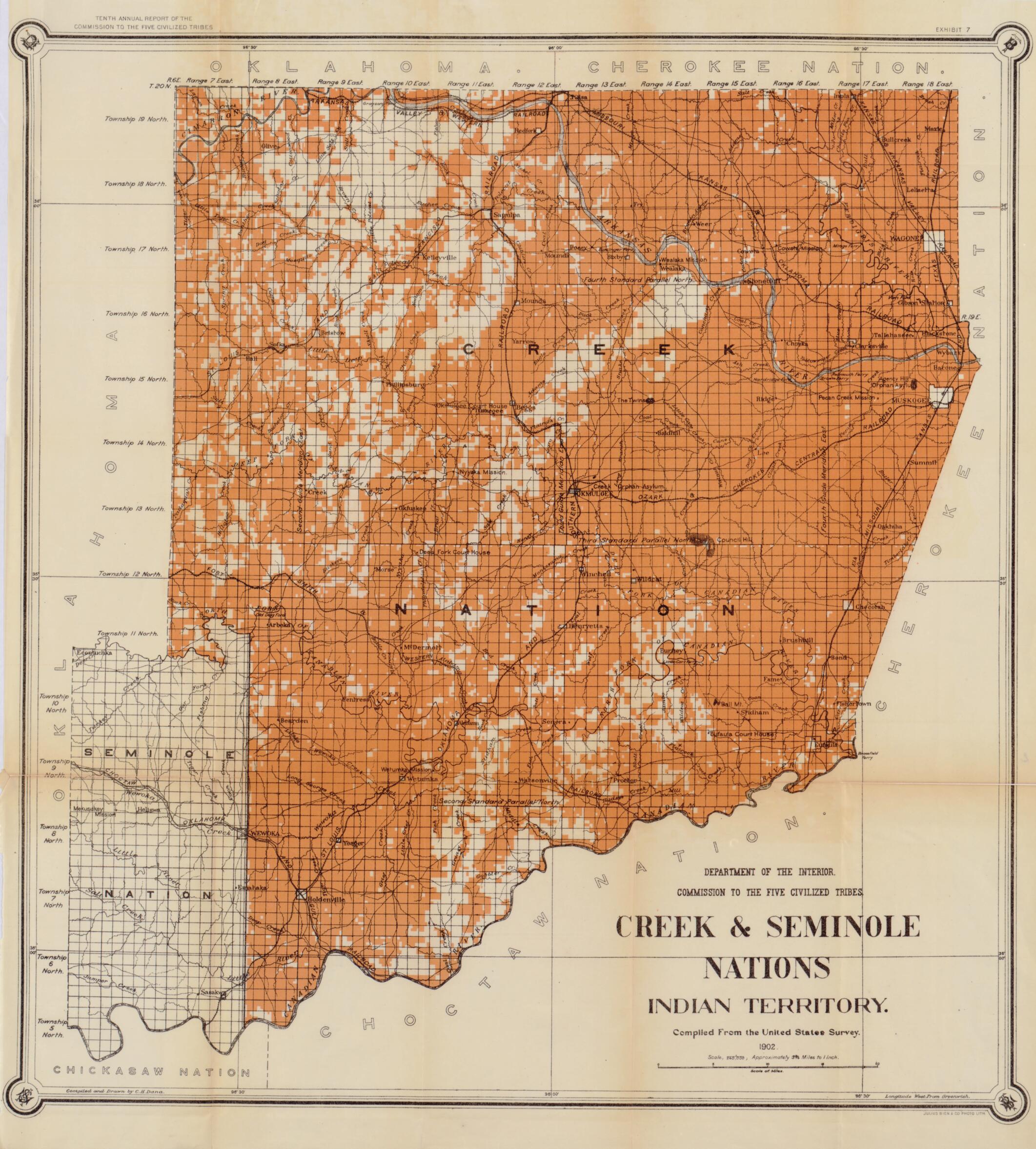 This old map of Creek &amp; Seminole Nations, Indian Territory : Compiled from the United States Survey (Creek and Seminole Nations, Indian Territory) from 1902 was created by C. H. Dana,  United States. Commission to the Five Civilized Tribes in 1902