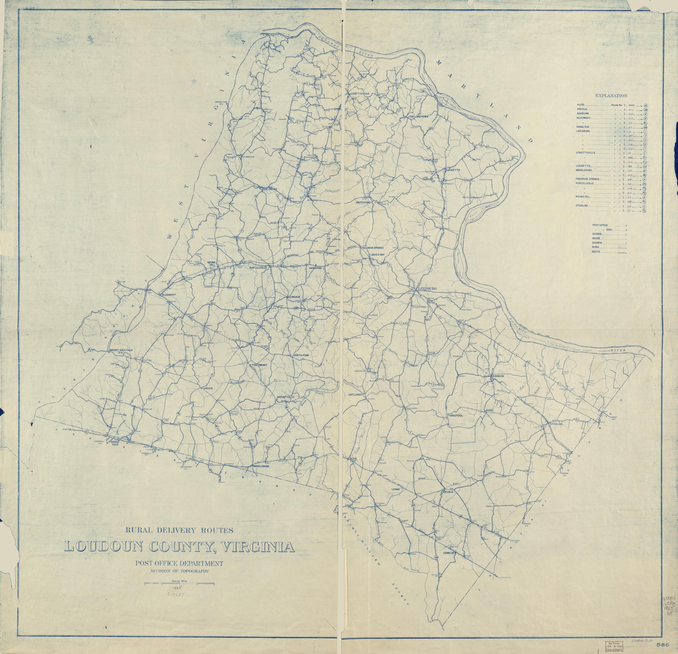 This old map of Rural Delivery Routes, Loudoun County, Virginia from 1925 was created by  United States. Post Office Department. Division of Topography in 1925