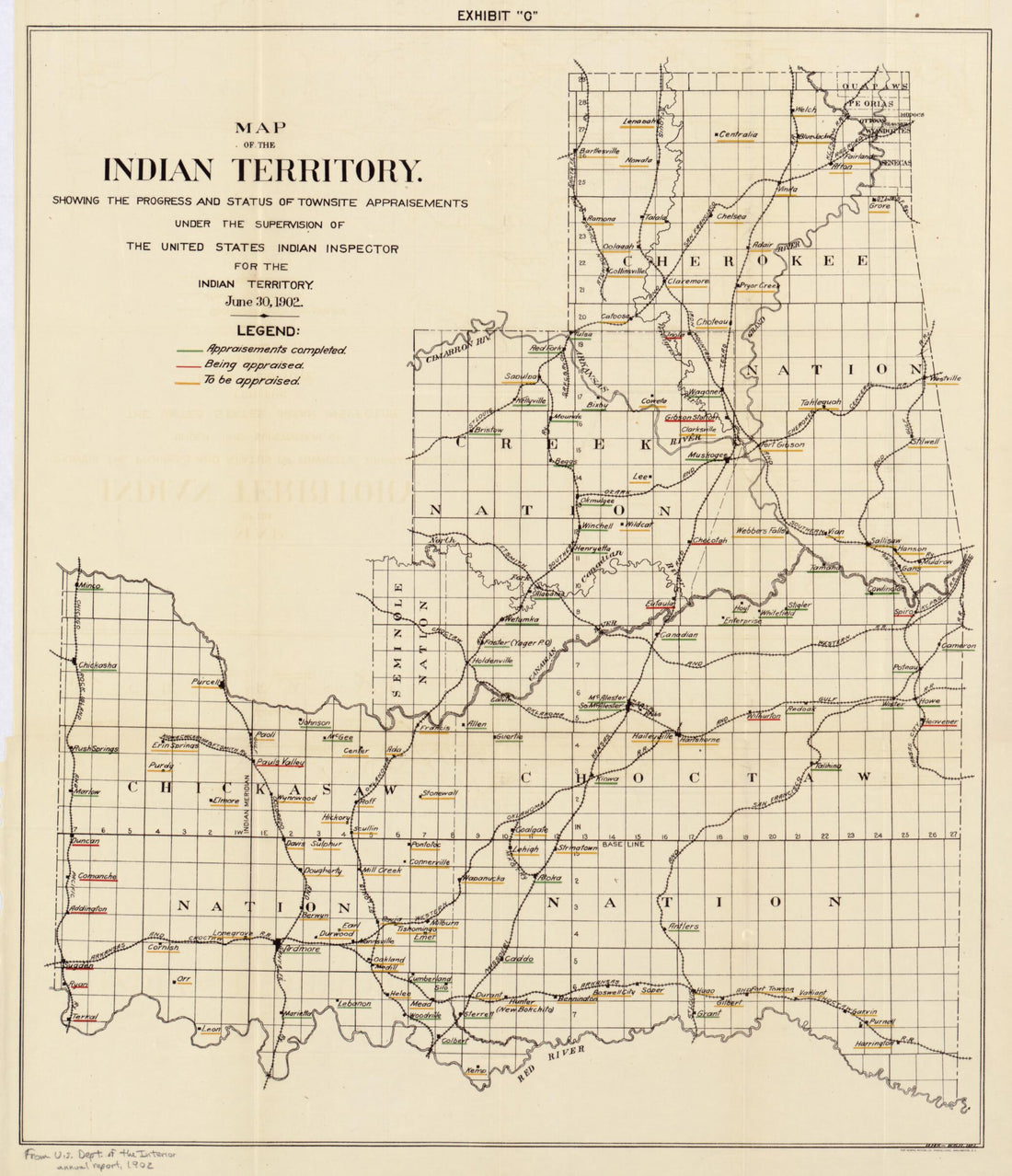 This old map of Map of the Indian Territory : Showing the Progress and Status of Townsite Appraisements, Under the Supervision of the United States Indian Inspector for the Indian Territory, June 30, from 1902 was created by  United States. Department of