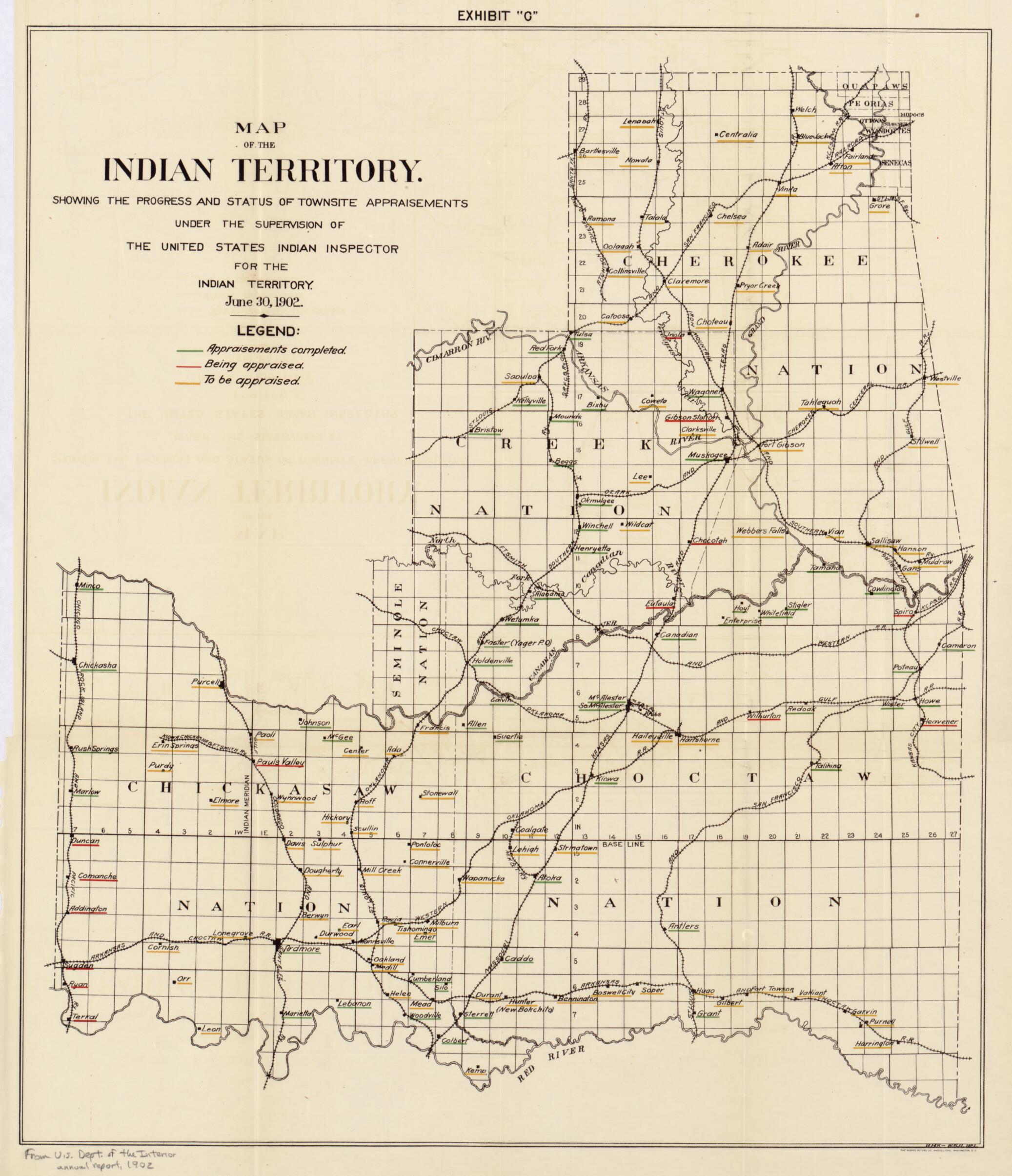 This old map of Map of the Indian Territory : Showing the Progress and Status of Townsite Appraisements, Under the Supervision of the United States Indian Inspector for the Indian Territory, June 30, from 1902 was created by  United States. Department of