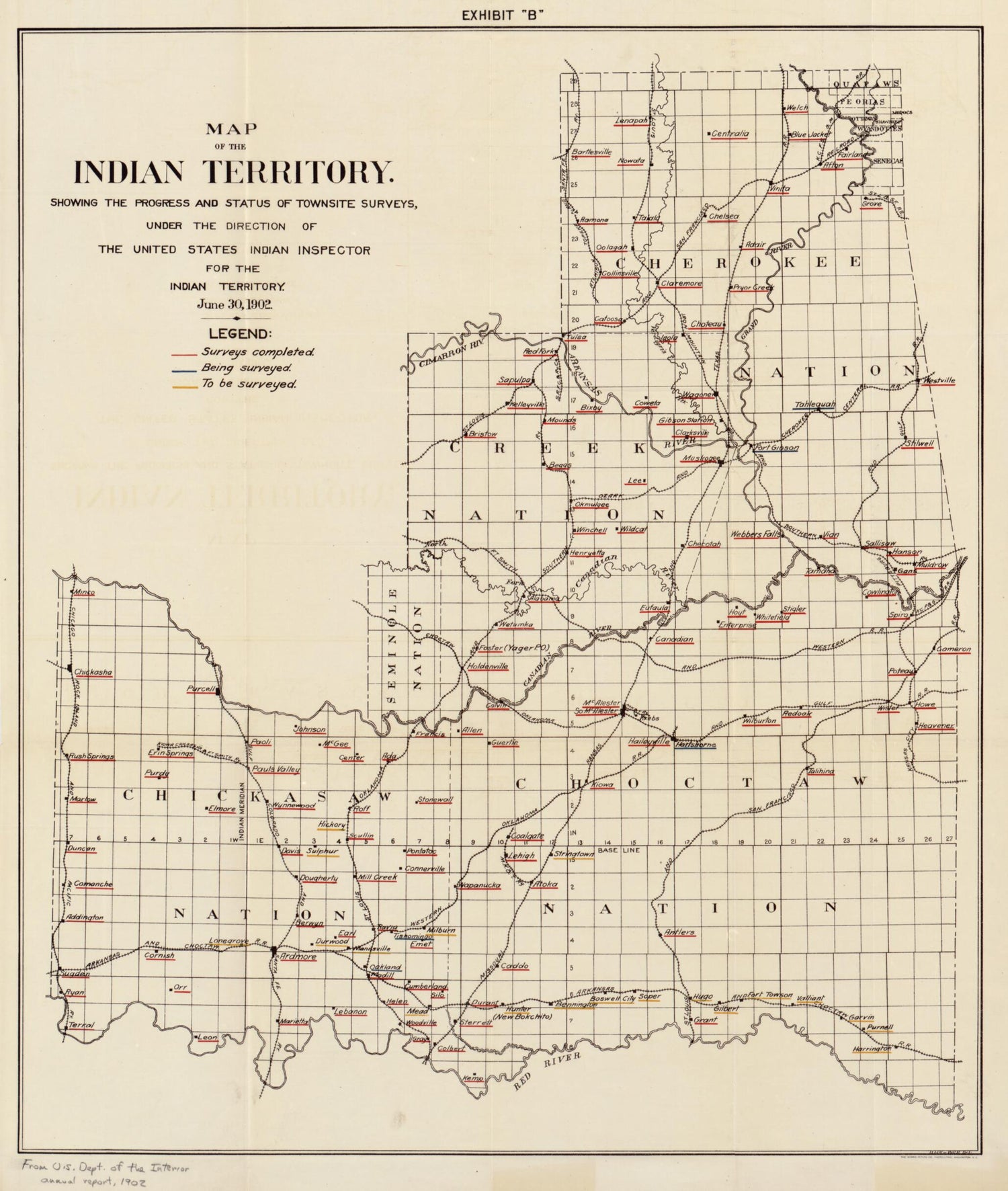 This old map of Map of the Indian Territory : Showing the Progress and Status of Townsite Surveys, Under the Direction of the United States Indian Inspector for the Indian Territory, June 30, from 1902 was created by  United States. Department of the Int