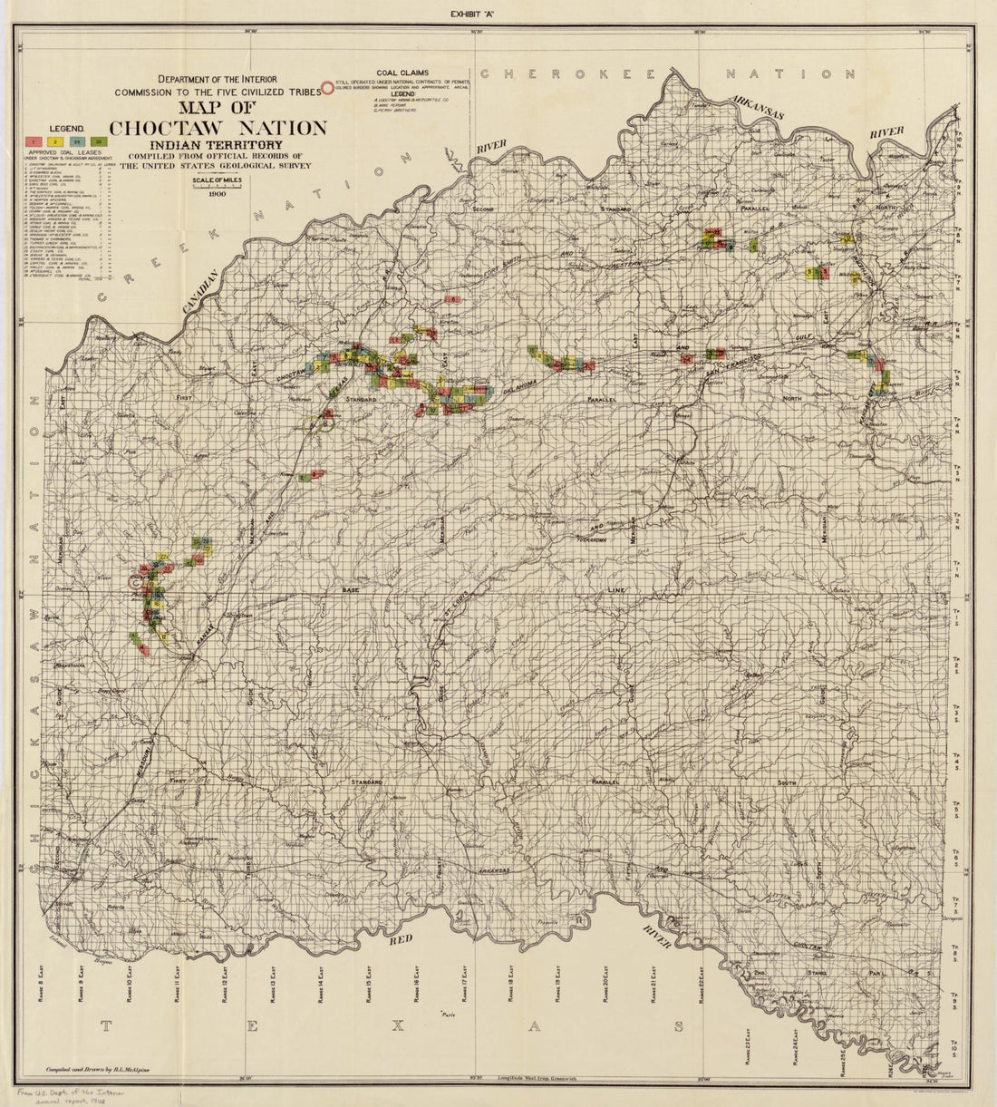 This old map of Map of Choctaw Nation, Indian Territory : Compiled from Official Records of the United States Geological Survey from 1900 was created by R. L. McAlpine,  United States. Department of the Interior in 1900