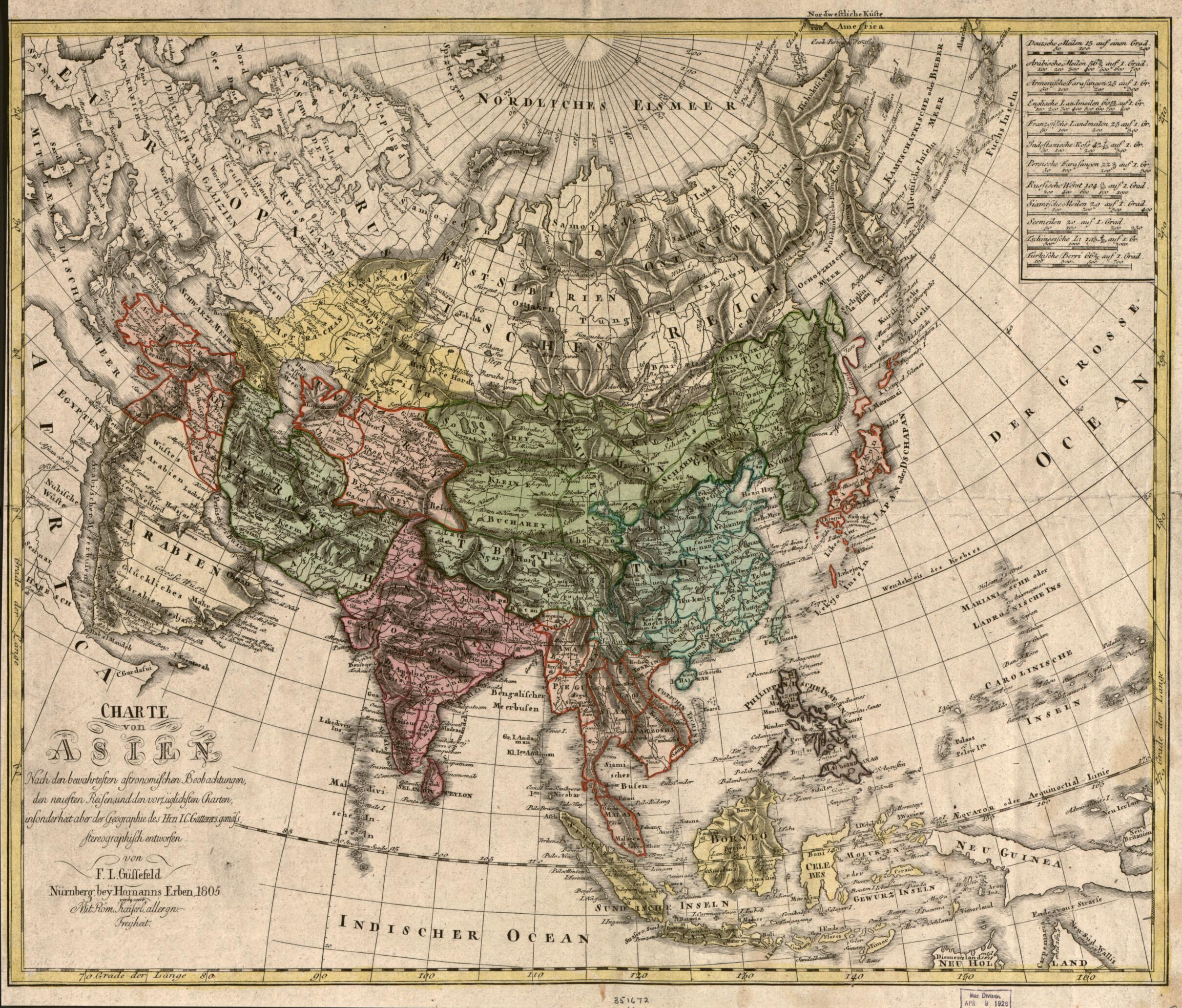 Charte Von Asien : Nach De Bewährtesten Astronomischen Beobachtungen Den Neuesten Reisen, Und De Vorzü̈glichsten Charten, Insonderheit Aber Der Geographie De Hrn I.C. Gatterers. Gemäss Stereographisch Entworfen in 1805 by Relic Map Company