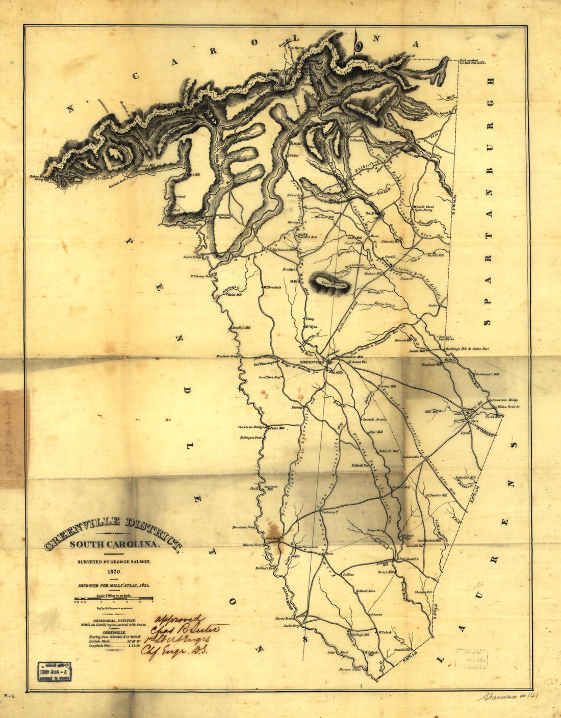 This old map of Greenville District, South Carolina from 1825 was created by Robert Mills in 1825