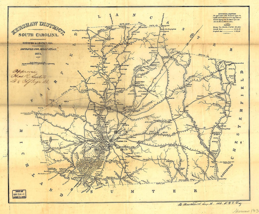 This old map of Kershaw District, South Carolina from 1825 was created by J. Boykin, Robert Mills in 1825