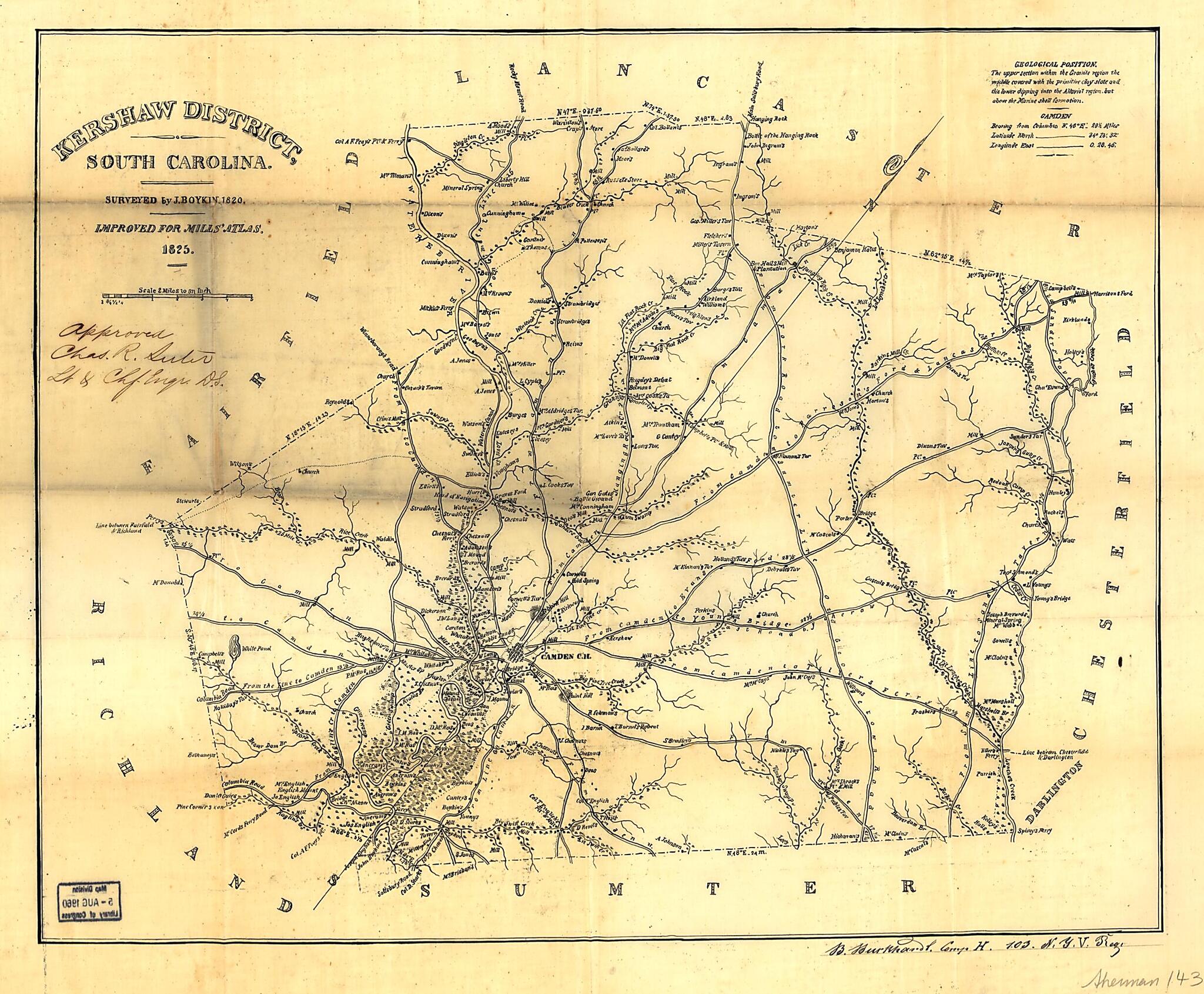 This old map of Kershaw District, South Carolina from 1825 was created by J. Boykin, Robert Mills in 1825