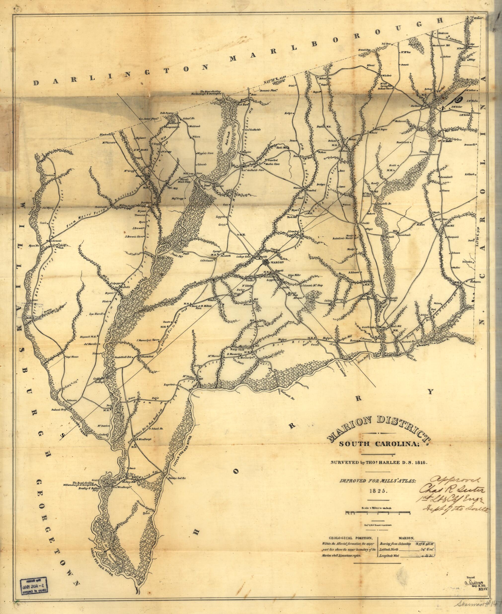 This old map of Marion District, South Carolina from 1825 was created by Thomas Harlee, Robert Mills in 1825