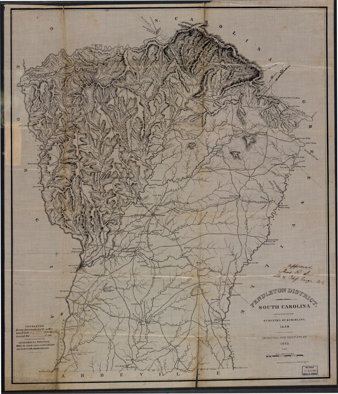 This old map of Pendleton District, South Carolina from 1820 was created by Robert Mills, B. Schelten,  Scribling in 1820
