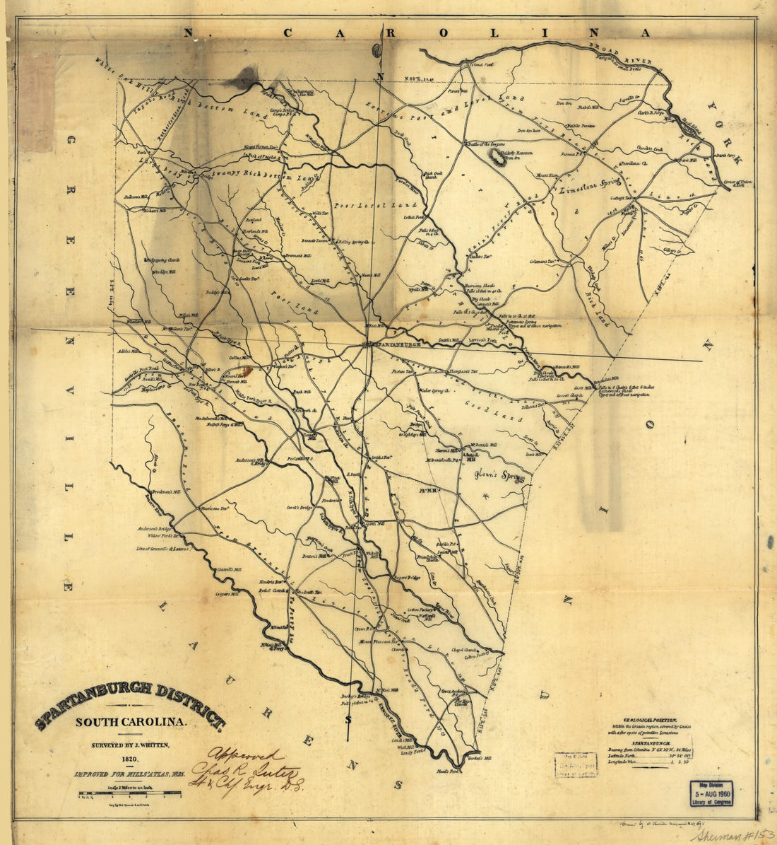 This old map of Spartanburgh District, South Carolina from 1820 was created by A. Cheville, Robert Mills, Henry Schenck Tanner, T. Whitten in 1820