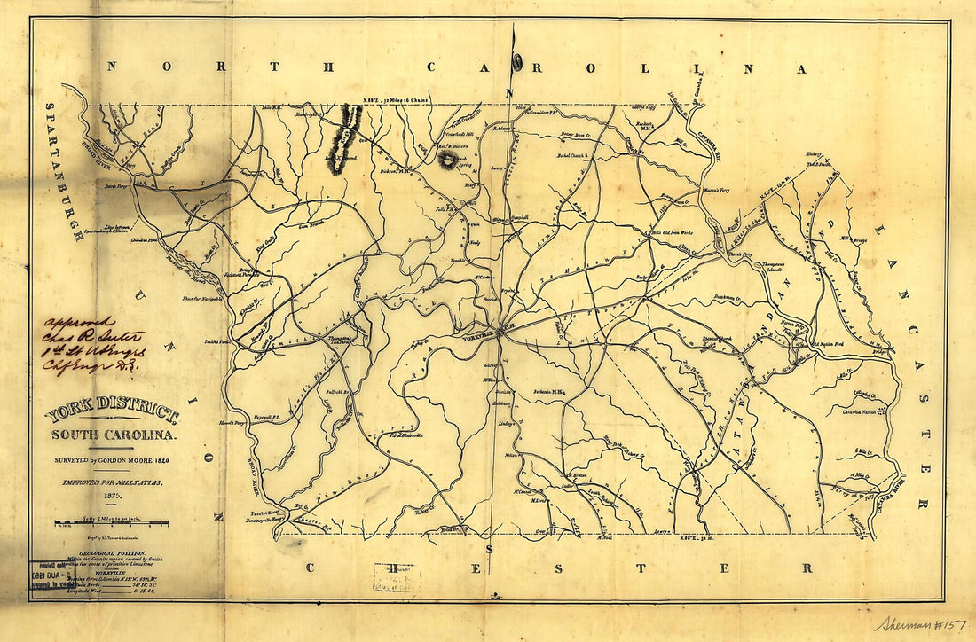 This old map of York District, South Carolina from 1825 was created by Robert Mills, Gordon Moore in 1825