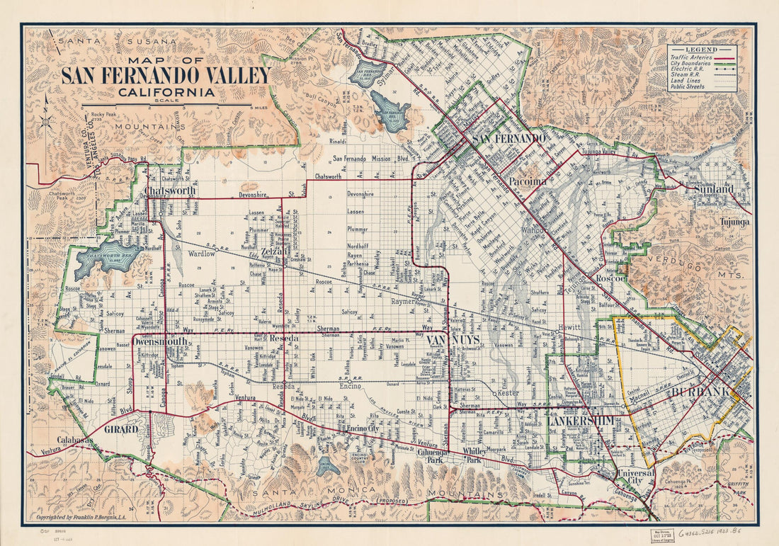 This old map of Map of San Fernando Valley, California (San Fernando Valley, California) from 1923 was created by Franklin P. Borgnis in 1923