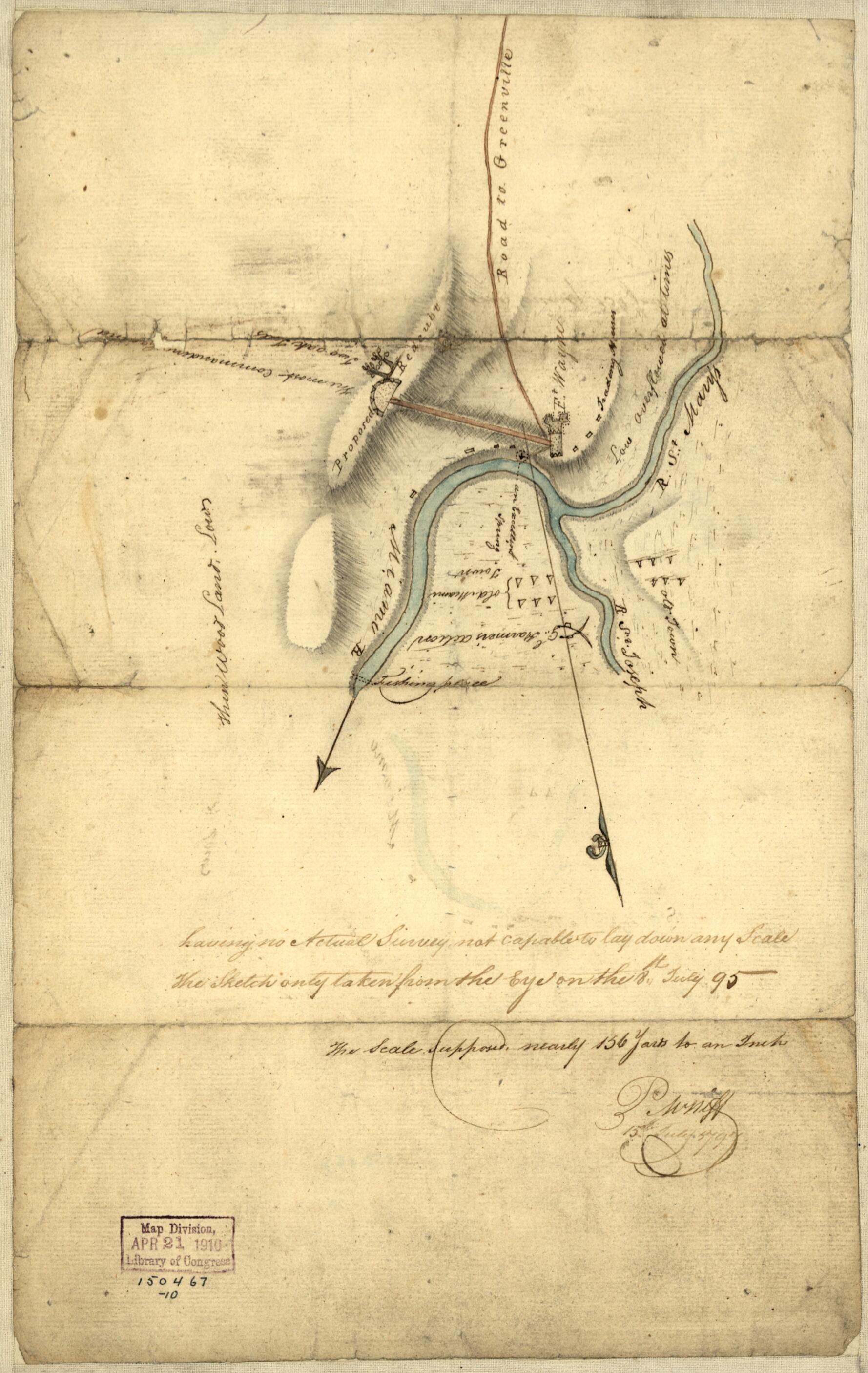 This old map of Indiana Fort Wayne : Ms. Map of Fort Wayne Said to Have Been Made On July 18, from 1795, for General Anthony Wayne was created by P. M. Neff in 1795
