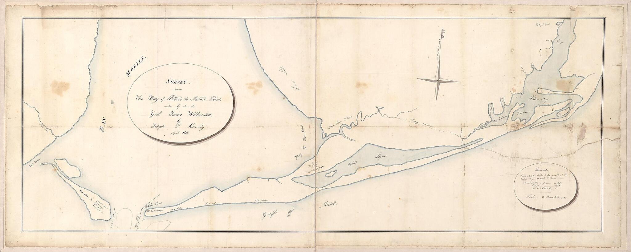 This old map of Survey from the Bay of Perdido to Mobile Point Made by Order of Genl. James Wilkinson from 1813 was created by Joseph C. Kennedy in 1813