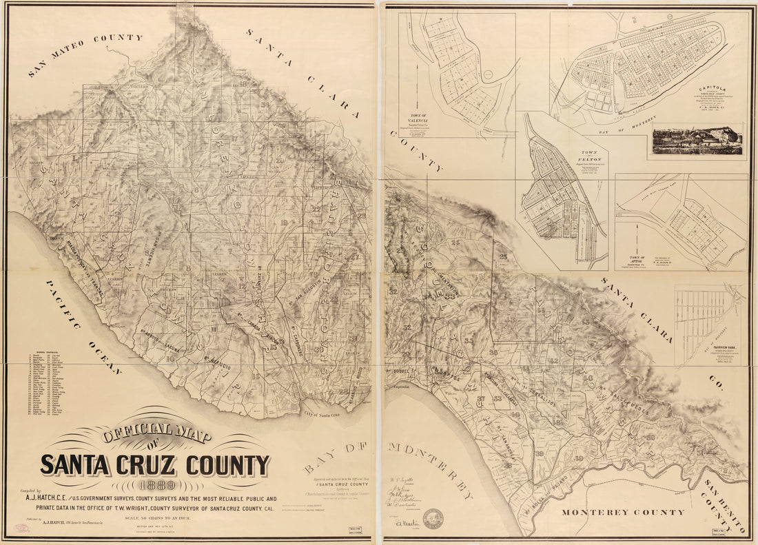 This old map of Official Map of Santa Cruz County from 1889 was created by A. J. (Andrew Jackson) Hatch in 1889