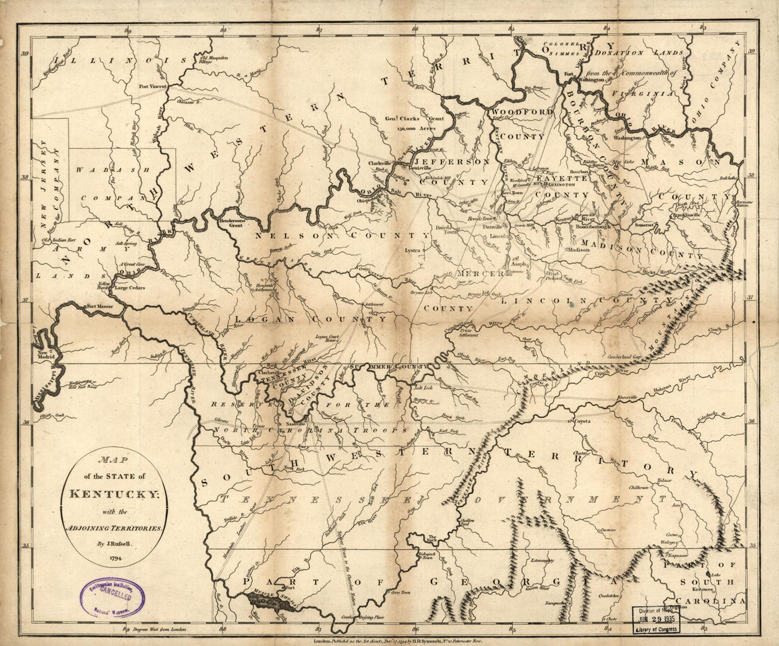 This old map of Map of the State of Kentucky : With the Adjoining Territories from 1794 was created by John Russell, H. D. (Henry Delahoy) Symonds in 1794