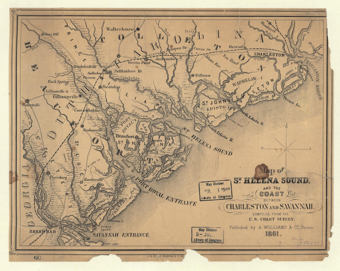 This old map of Map of St. Helena Sound, and the Coast Between Charleston and Savannah from 1861 was created by  A. Williams &amp; Co in 1861