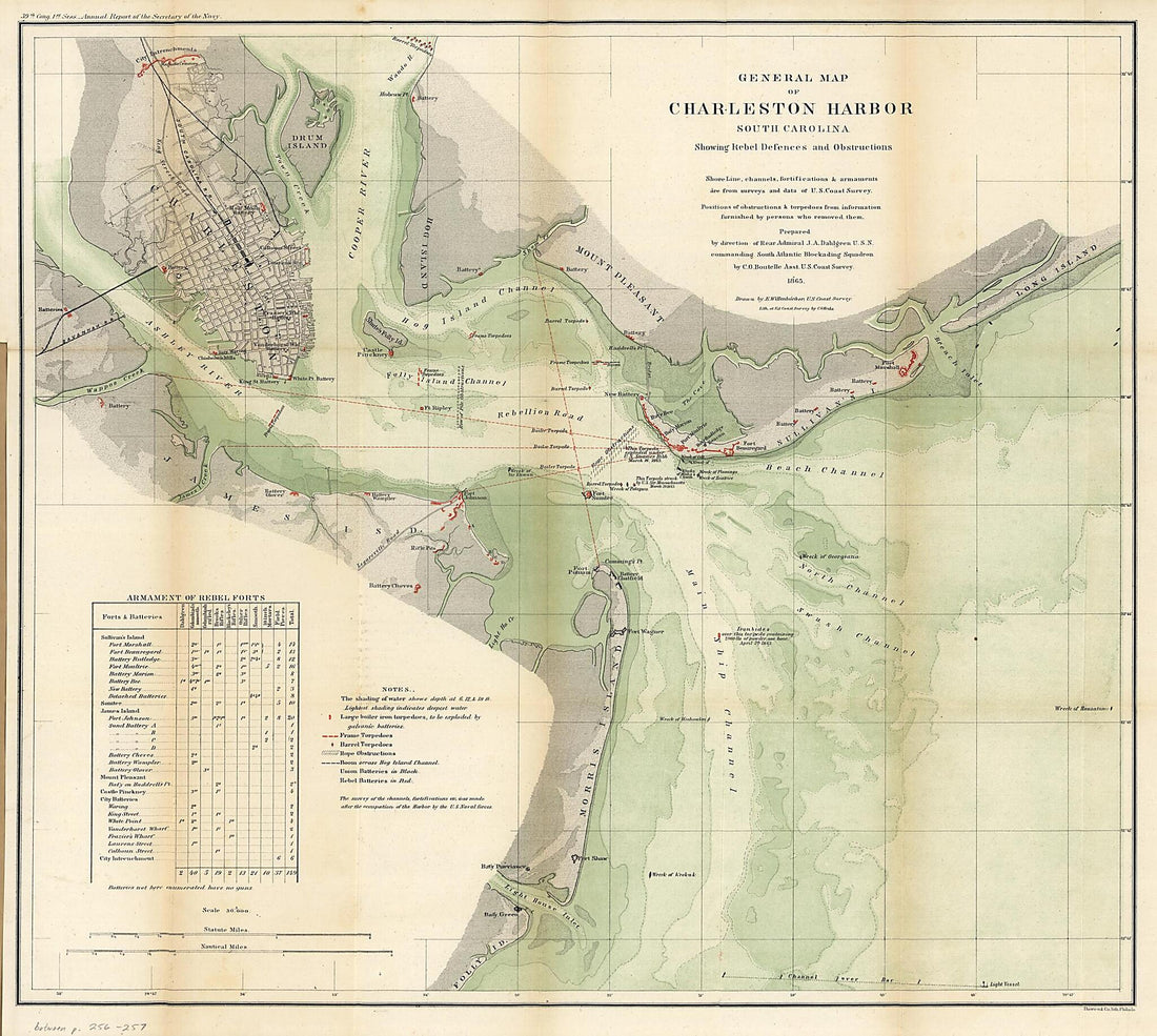 This old map of General Map of Charleston Harbor, South Carolina, Showing Rebel Defences and Obstructions from 1865 was created by C. O. (Charles Otis) Boutelle, Charles G. Krebs, Eugene Willenbücher in 1865