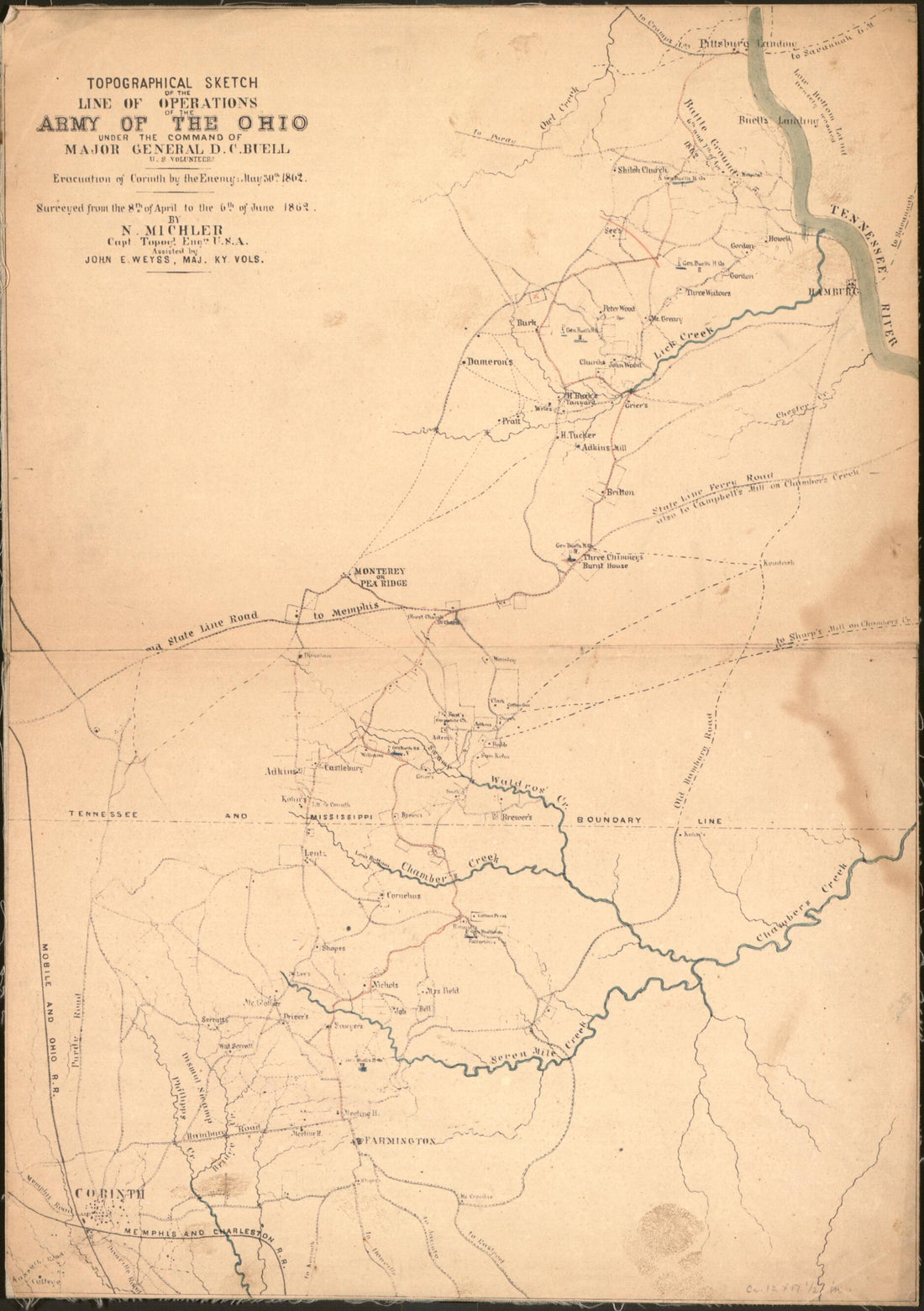 This old map of Topographical Sketch of the Line of Operations of the Army of the Ohio Under the Command of Major General D. C. Buell, U.S. Volunteers : Evacuation of Corinth by the Enemy, May 30th, from 1862 was created by N. (Nathaniel) Michler in 1862