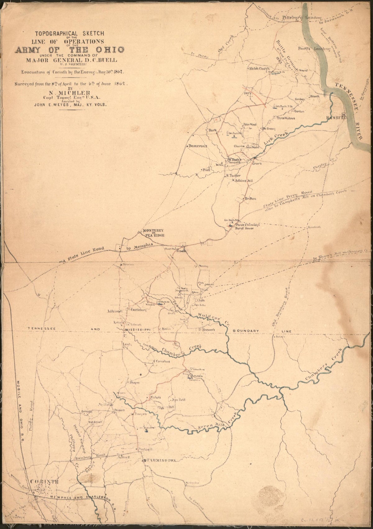 Topographical Sketch of the Line of Operations of the Army of the Ohio Under the Command of Major General D. C. Buell, U.S. Volunteers : Evacuation of Corinth by the Enemy, May 30th, 1862 by Relic Map Company