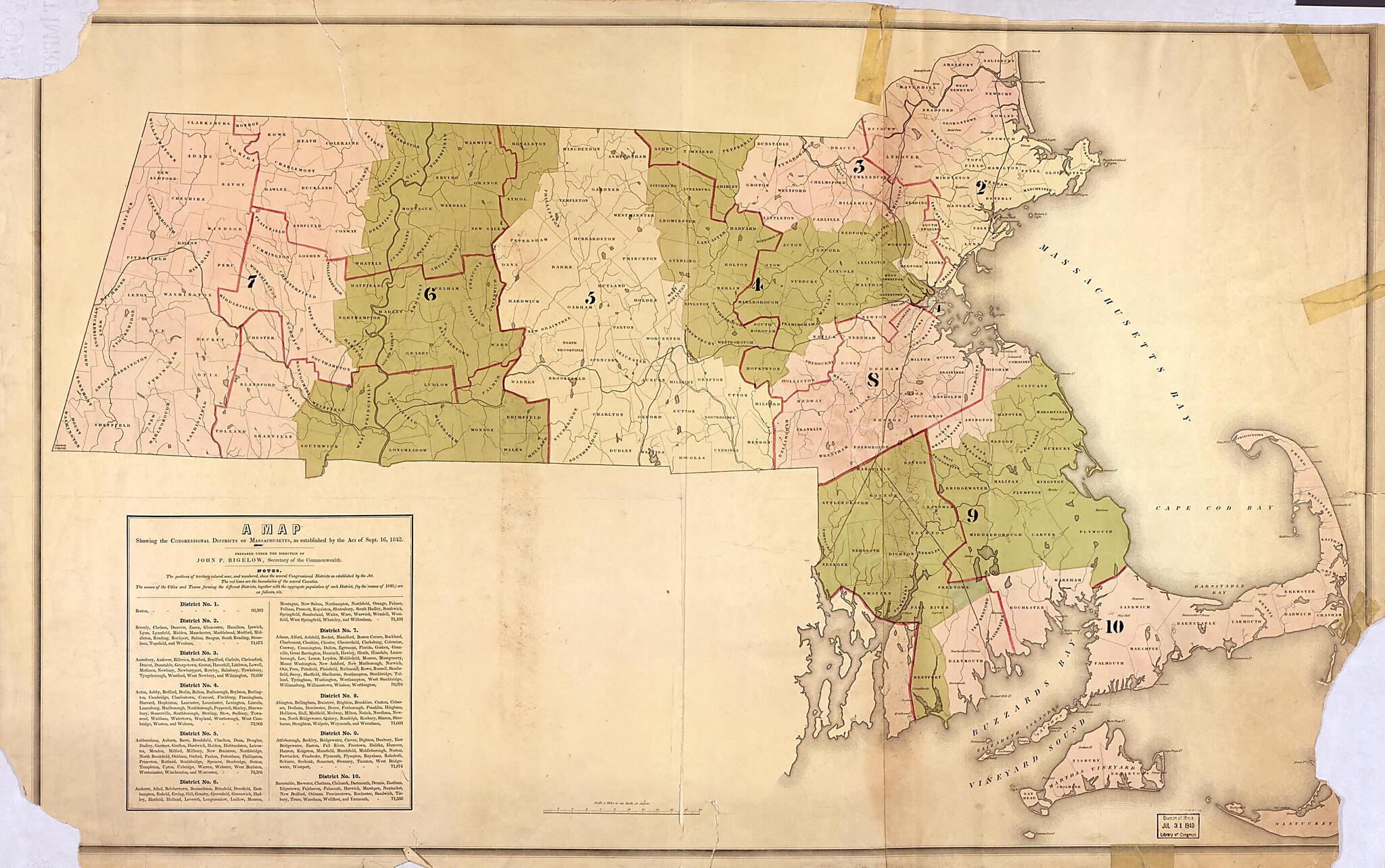 This old map of A Map Showing the Congressional Districts of Massachusetts As Established by the Act of Sept. 16, from 1842 was created by John P. (John Prescott) Bigelow in 1842