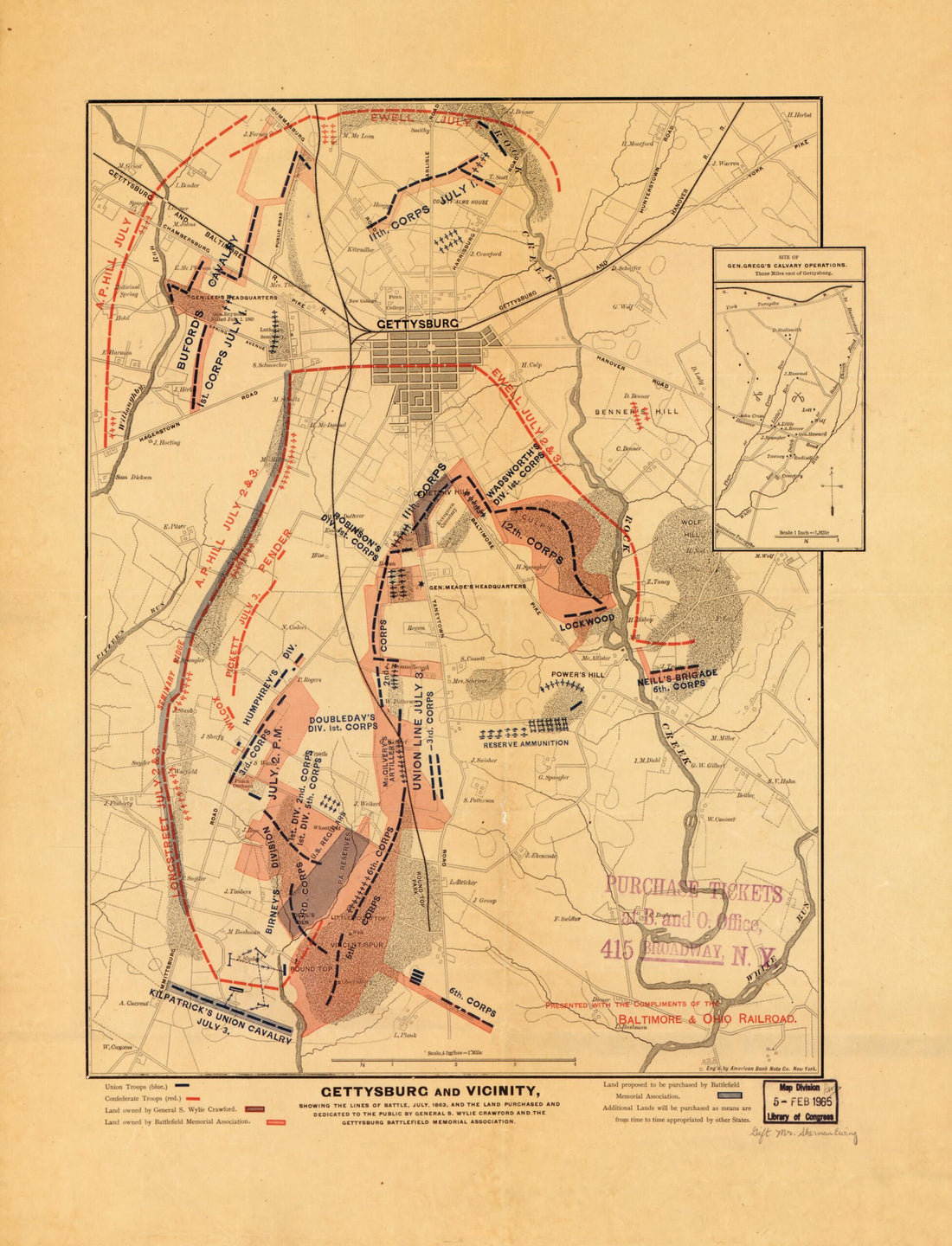 This old map of Gettysburg and Vicinity : Showing the Lines of Battle, July, from 1863, and the Land Purchased and Dedicated to the Public by General S. Wylie Crawford and the Gettysburg Battlefield Memorial Association was created by James T. (James Tho