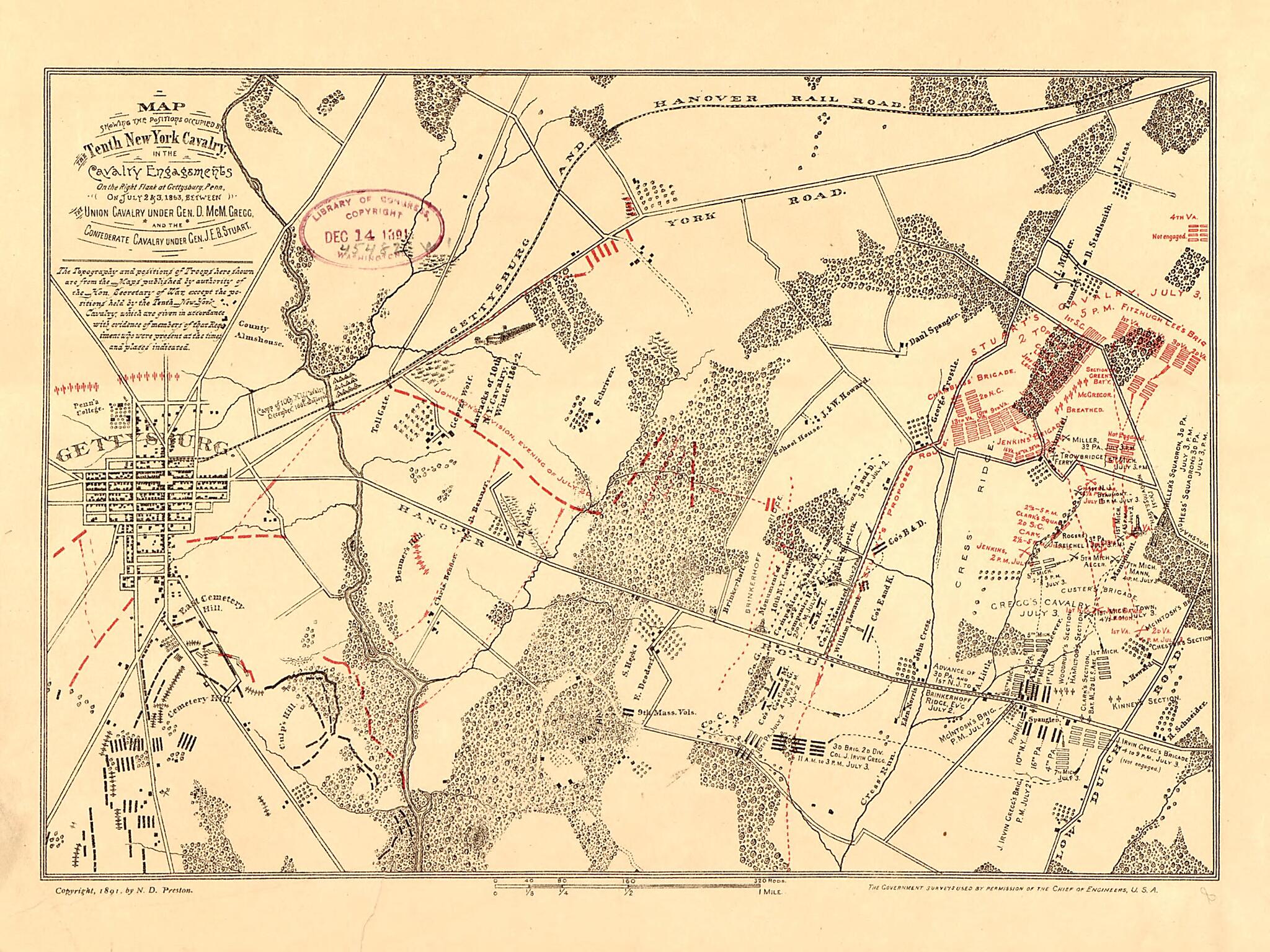 This old map of Map Showing the Positions Occupied by the Tenth New York Cavalry In the Cavalry Engagements On the Right Flank at Gettysburg, Pennsylvania : On July 2 &amp; 3, from 1863, Between the Union Cavalry Under Gen. D. McM. Gregg and the Confederate 