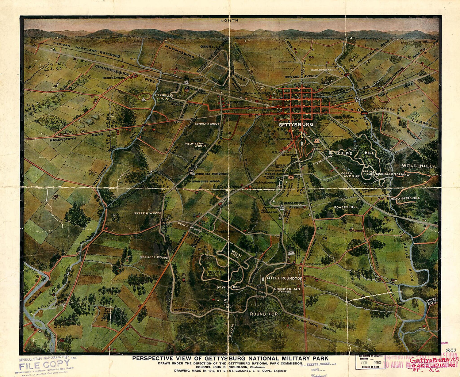 This old map of Perspective View of Gettysburg National Military Park from 1919 was created by Emmor B. Cope in 1919