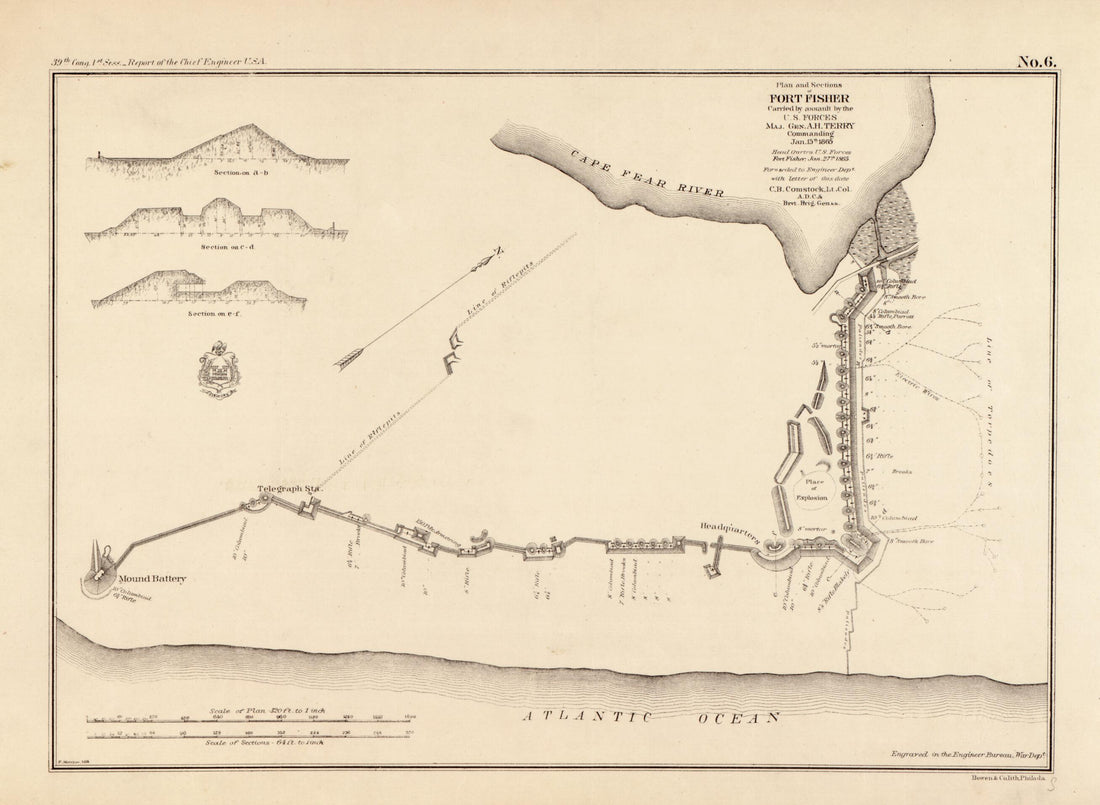 This old map of Plan and Sections of Fort Fisher : Carried by Assault by the U.S. Forces Maj. Gen. A. H. Terry, Commanding, Jan. 15th, from 1865 was created by  Bowen & Co, C. B. (Cyrus Ballou) Comstock, E. Molitor, Alfred Howe Terry in 1865