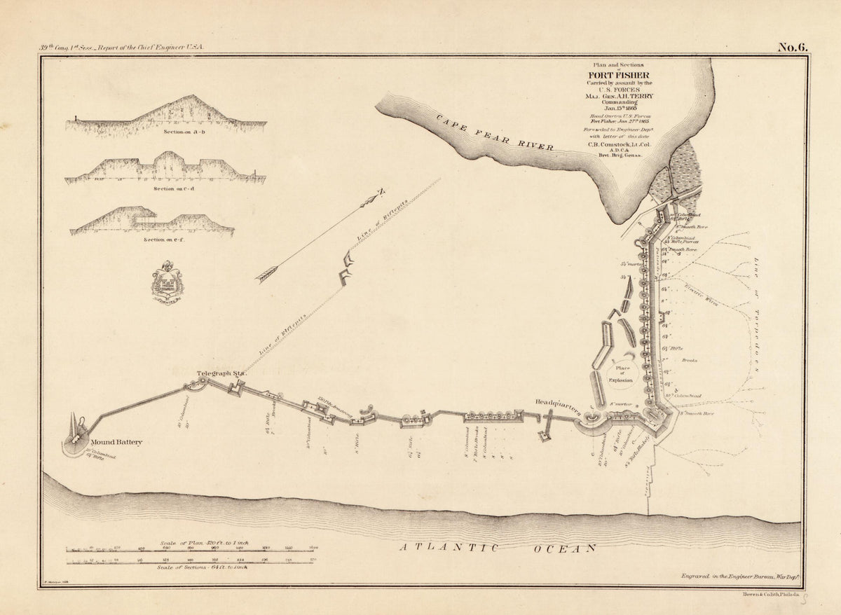 Plan and Sections of Fort Fisher : Carried by Assault by the U.S. Forces Maj. Gen. A. H. Terry, Commanding, Jan. 15th, 1865 by Relic Map Company