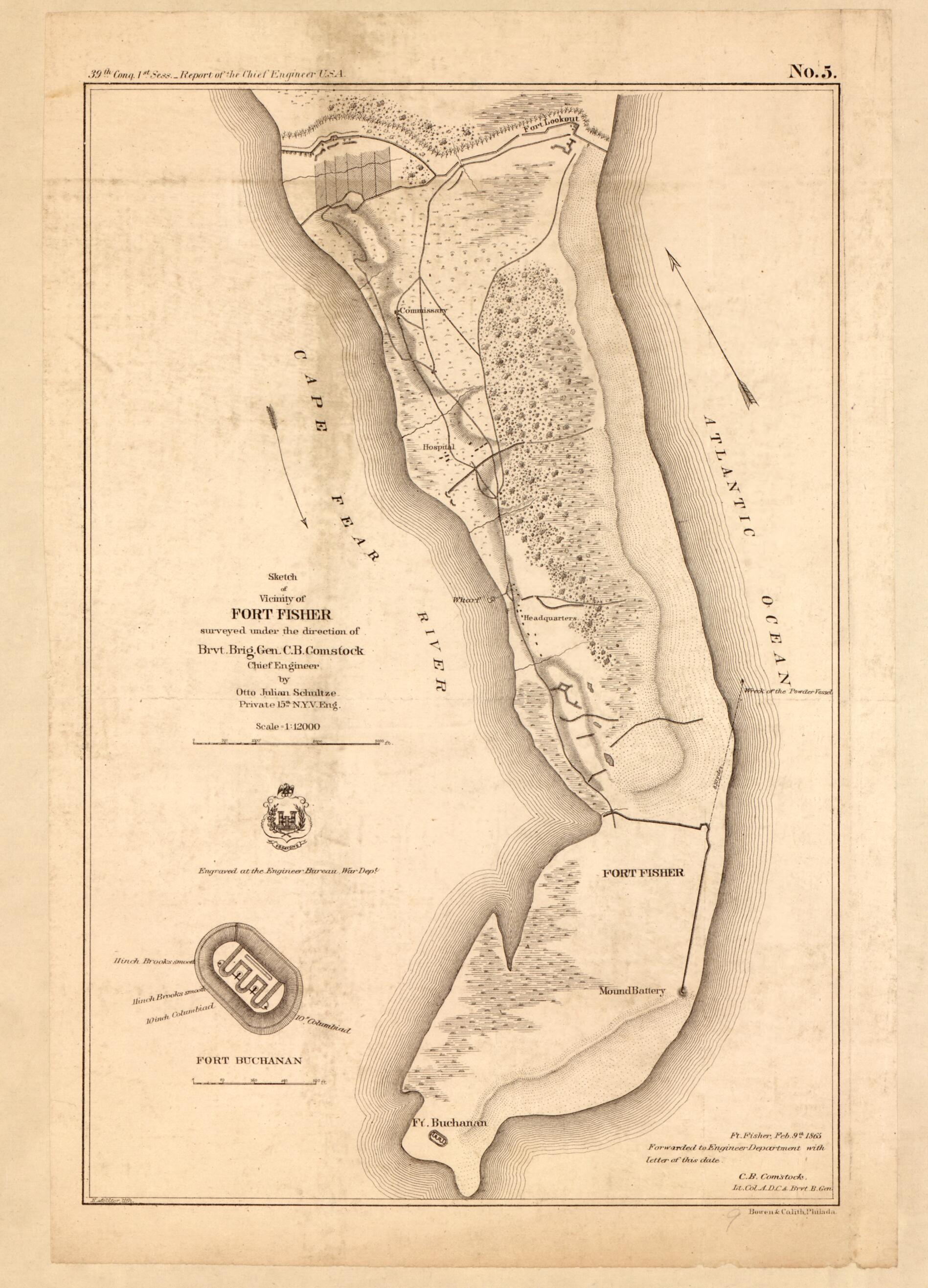 This old map of Sketch of Vicinity of Fort Fisher : Surveyed Under the Direction of Brvt. Brig. Gen. C. B. Comstock, Chief Engineer from 1865 was created by C. B. (Cyrus Ballou) Comstock, E. Molitor, Otto Julian Schultze in 1865