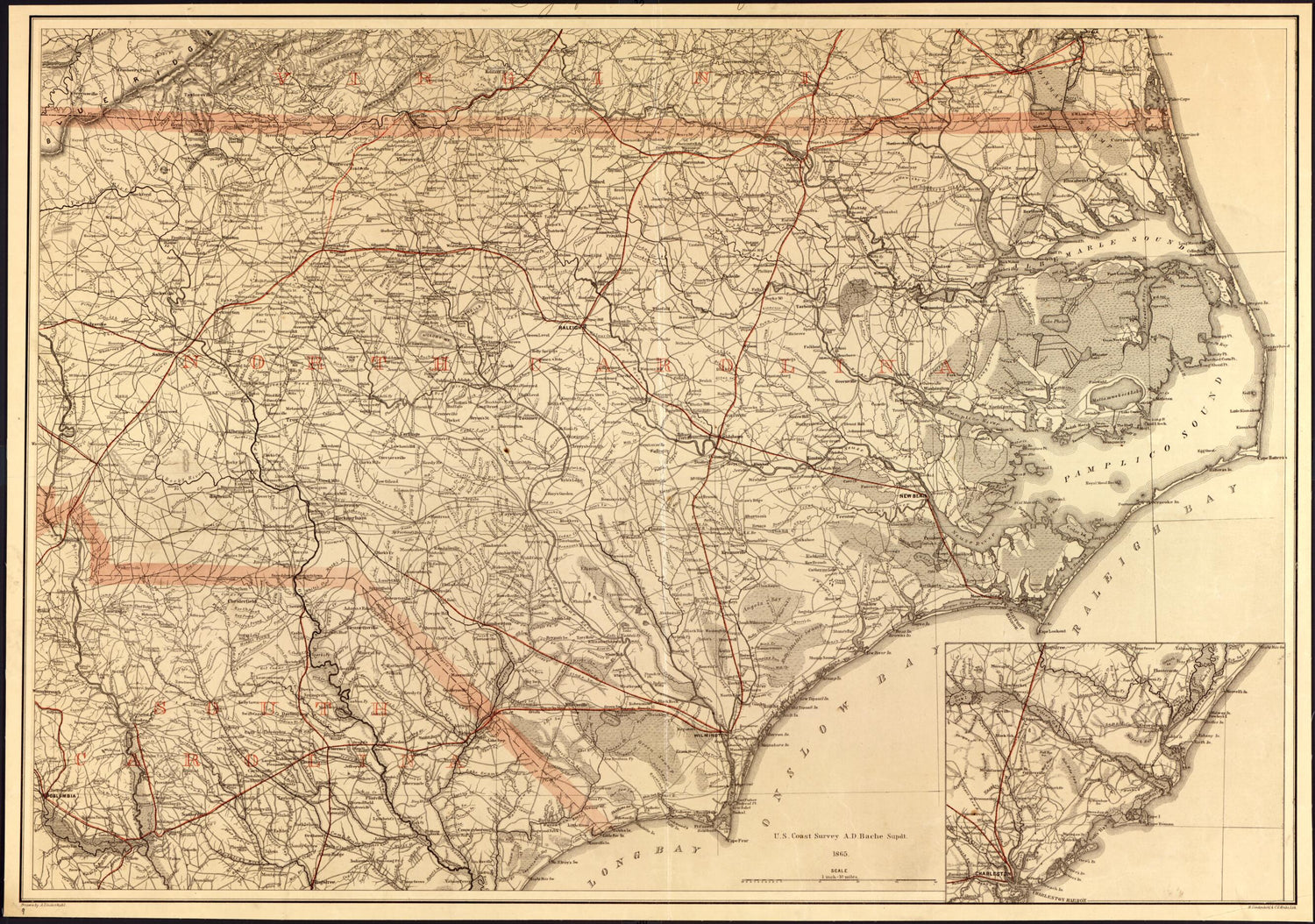 This old map of North Carolina, With Adjacent Parts of Virginia and South Carolina from 1865 was created by A. Lindenkohl,  United States Coast Survey in 1865