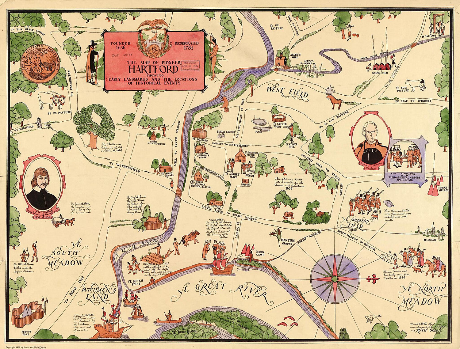 This old map of Map of Pioneer Hartford : Founded 1636, Incorporated 1784, Showing Early Landmarks and the Locations of Historical Events from 1927 was created by James Goldie, Ruth Goldie in 1927