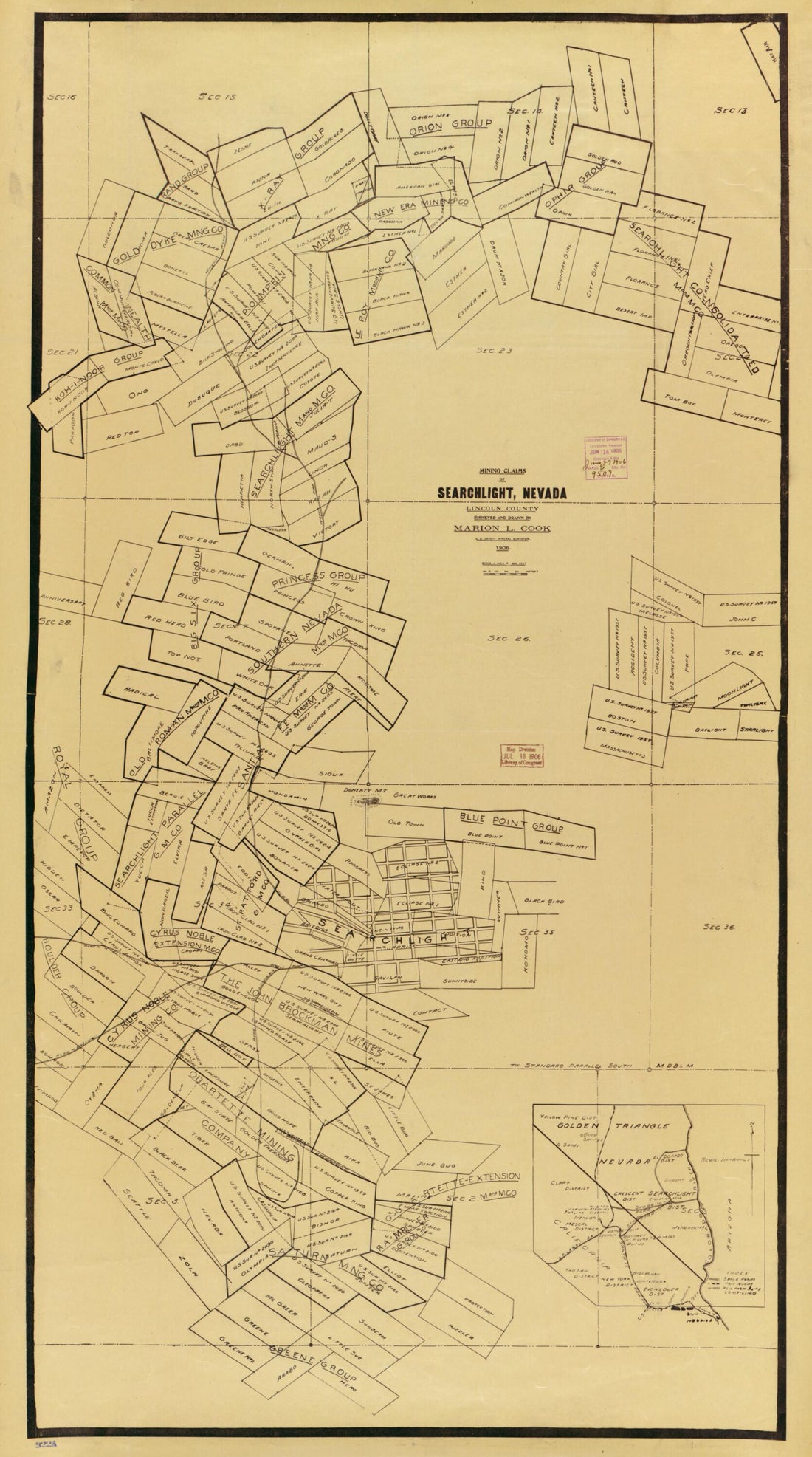 This old map of Mining Claims of Searchlight, Nevada, Lincoln County from 1906 was created by Marion L. Cook in 1906