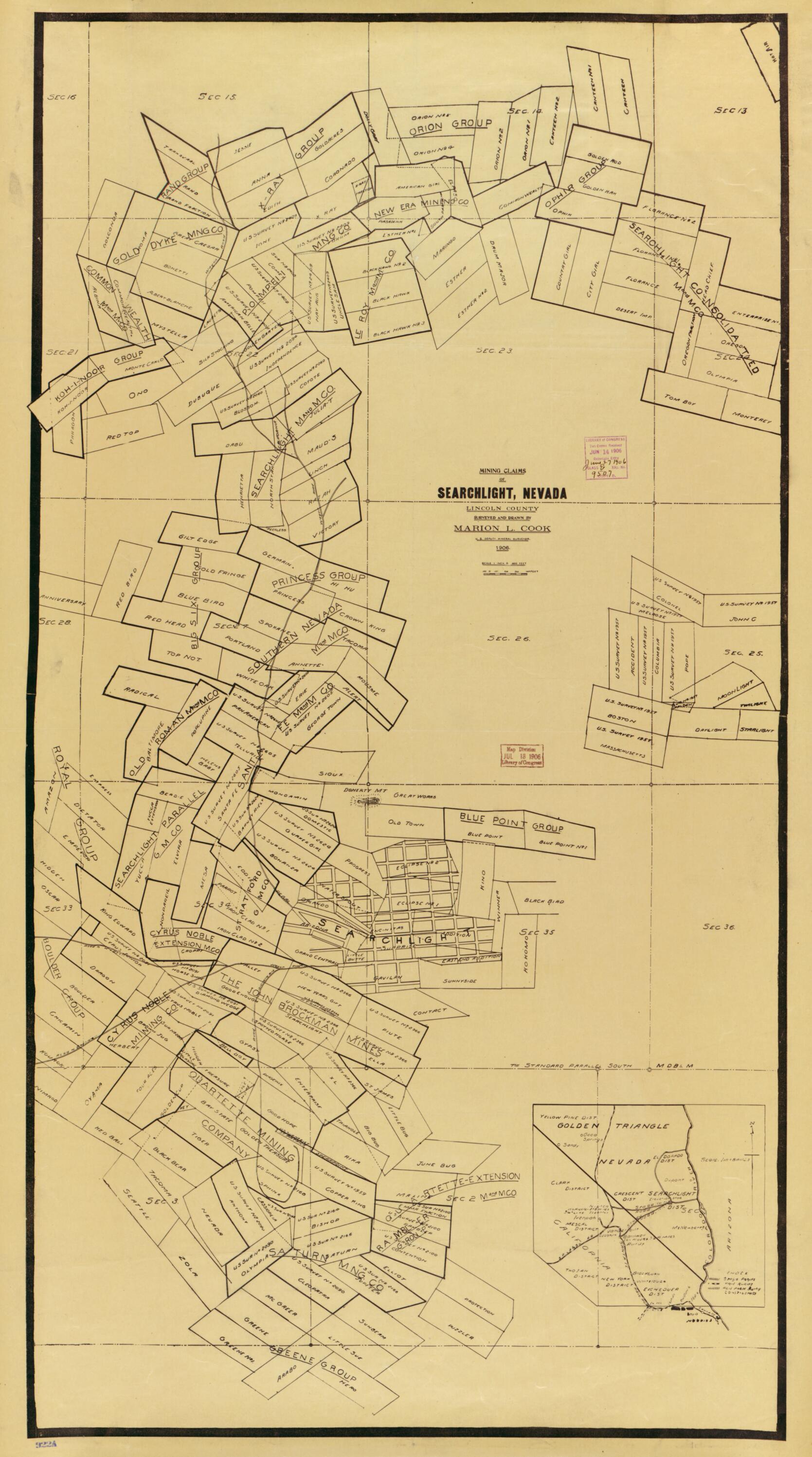 This old map of Mining Claims of Searchlight, Nevada, Lincoln County from 1906 was created by Marion L. Cook in 1906