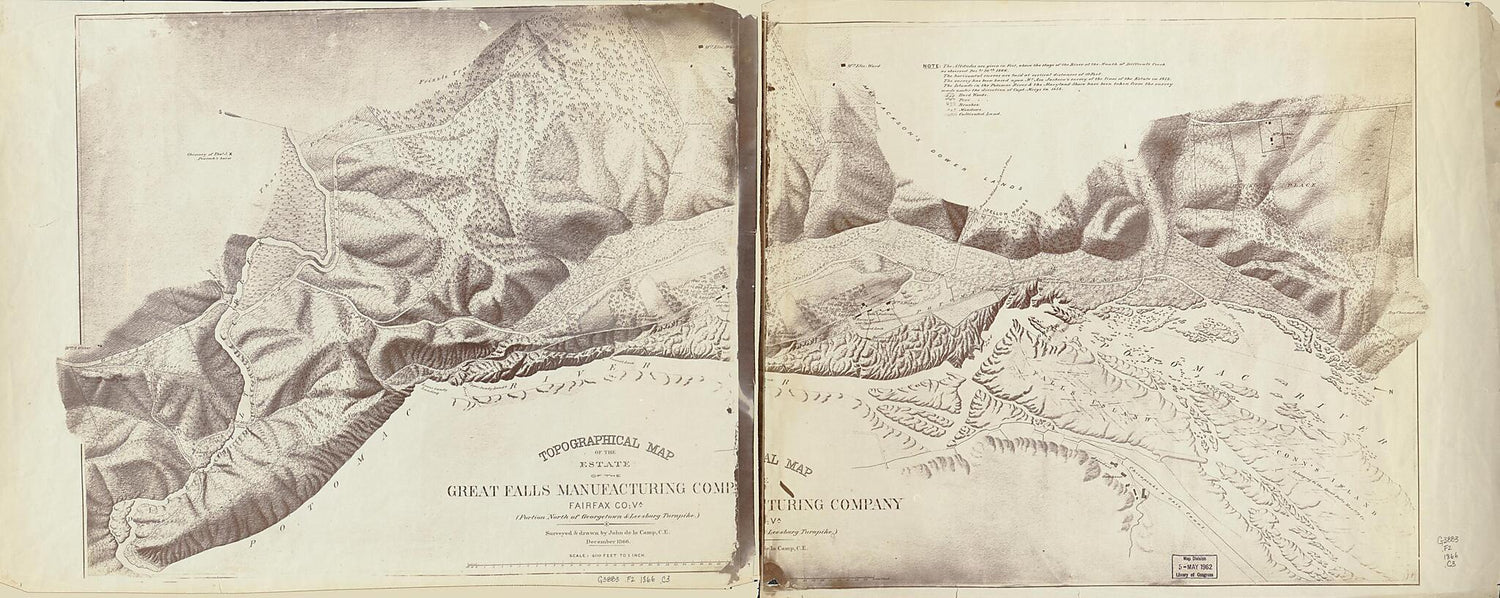 This old map of Topographical Map of the Estate of Great Falls Manufacturing Company, Fairfax County, Va from 1866 was created by J. (John) De La Camp,  Great Falls Manufacturing Company in 1866