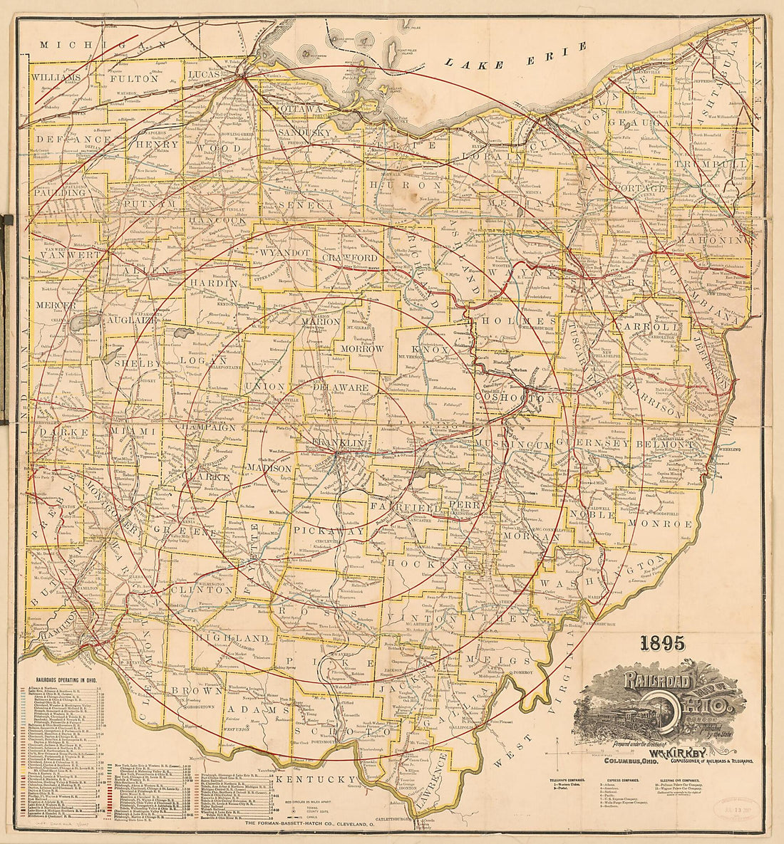 This old map of Railroad Map of Ohio (Ohio Railway Map) from 1895 was created by William Kirkby,  Ohio. Commissioner of Railroads and Telegraphs in 1895