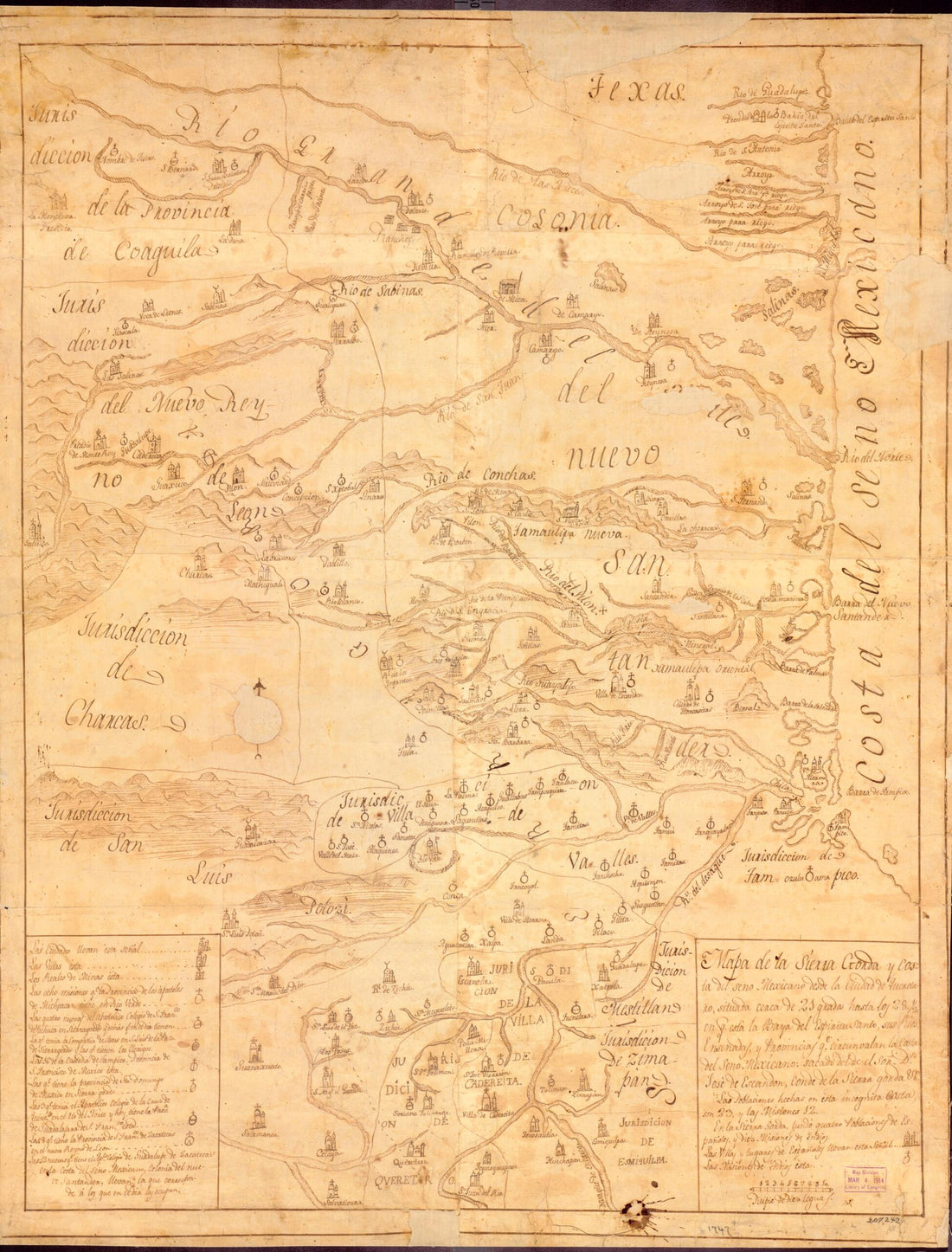 This old map of Mapa De La Sierra Gorda Y Costa Del Seno Mexicano Desde La Cuidad De Queretaro from 1747 was created by José De Escandón in 1747