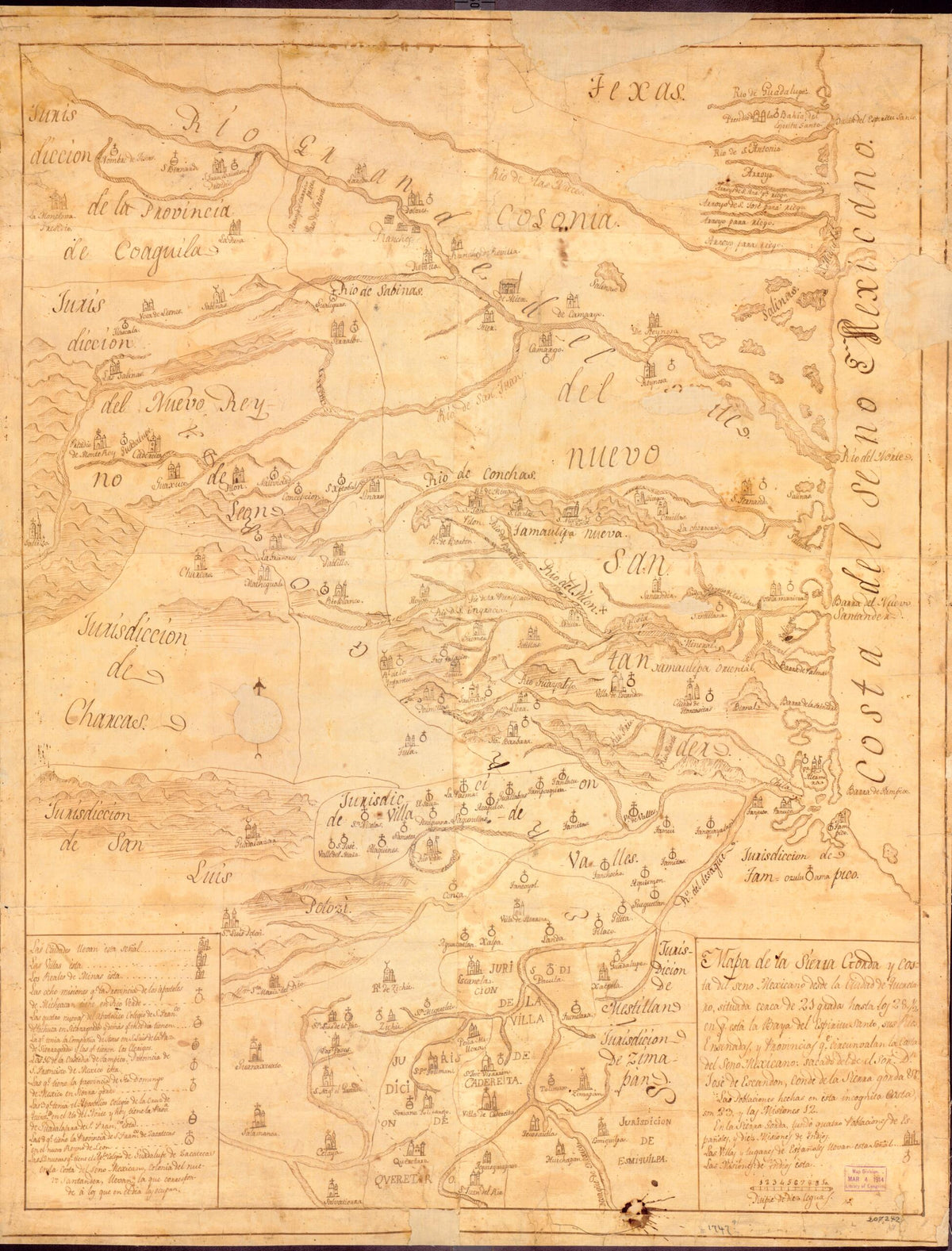 Mapa De La Sierra Gorda Y Costa Del Seno Mexicano Desde La Cuidad De Queretaro 1747 by Relic Map Company