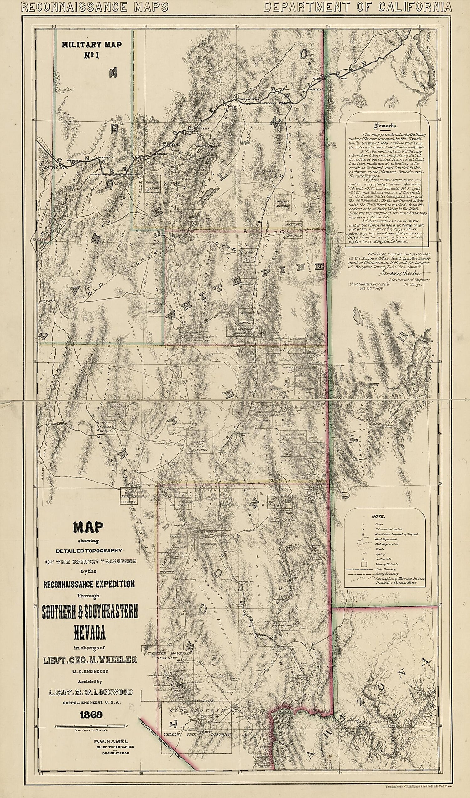 This old map of Map Showing Detailed Topography of the Country Traversed by the Reconnaissance Expedition Through Southern and Southeastern Nevada (Reconnaissance Maps : Department of California, Military Map No. 1) from 1870 was created by P. W. Hamel, 