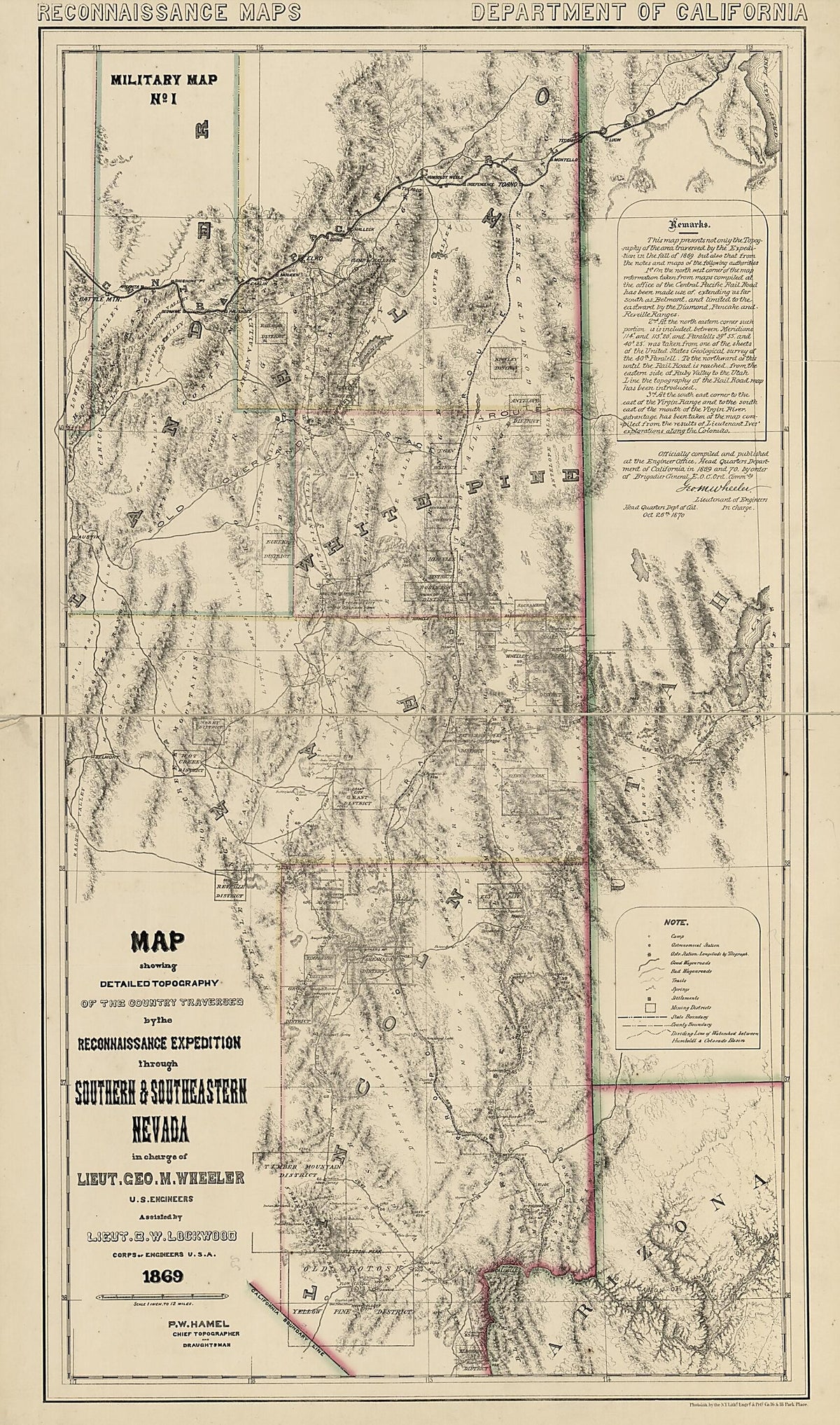Map Showing Detailed Topography of the Country Traversed by the Reconnaissance Expedition Through Southern and Southeastern Nevada (Reconnaissance Maps : Department of California, Military Map No. 1) 1870 by Relic Map Company