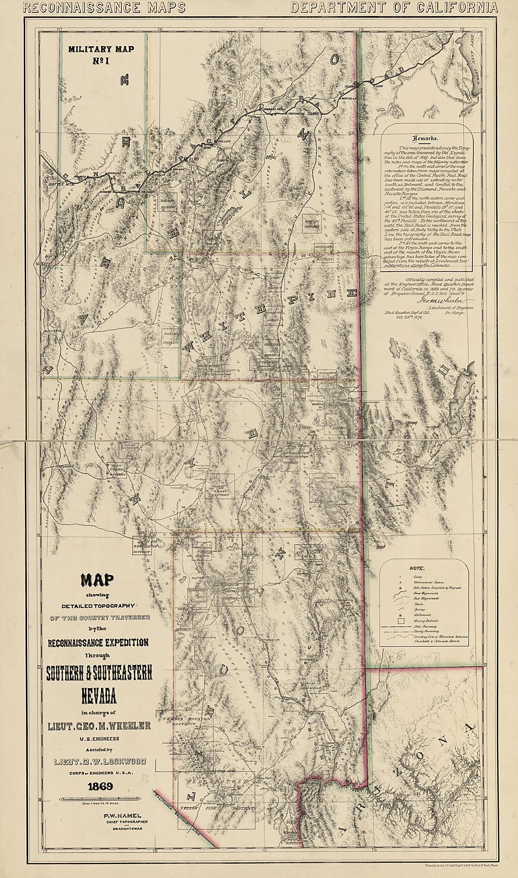 This old map of Map Showing Detailed Topography of the Country Traversed by the Reconnaissance Expedition Through Southern and Southeastern Nevada (Reconnaissance Maps : Department of California, Military Map No. 1) from 1870 was created by P. W. Hamel, 