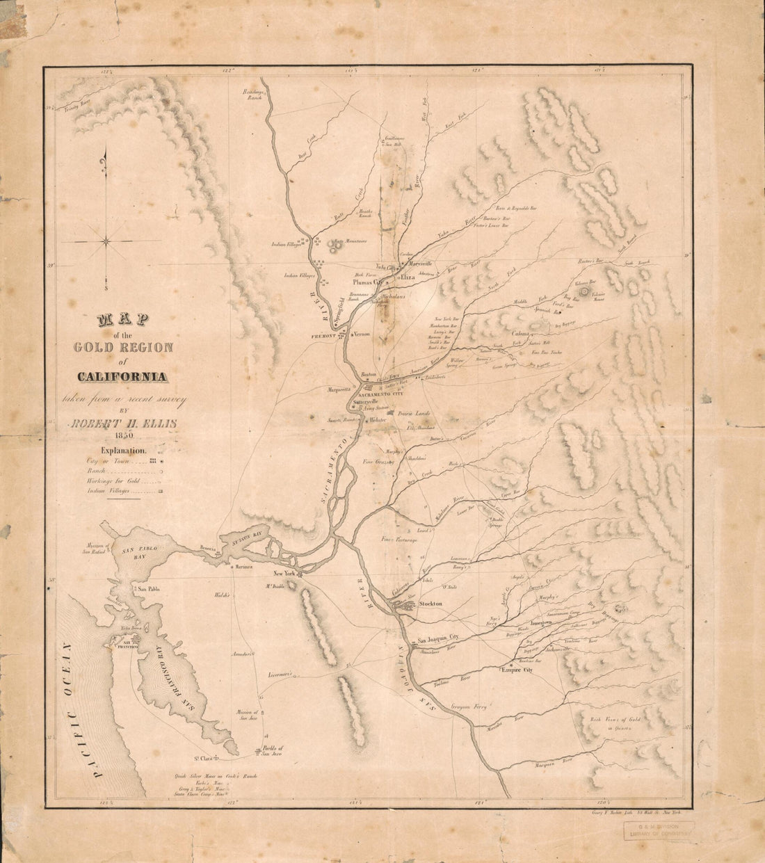 This old map of Map of the Gold Region of California, Taken from a Recent Survey from 1850 was created by Robert H. Ellis in 1850