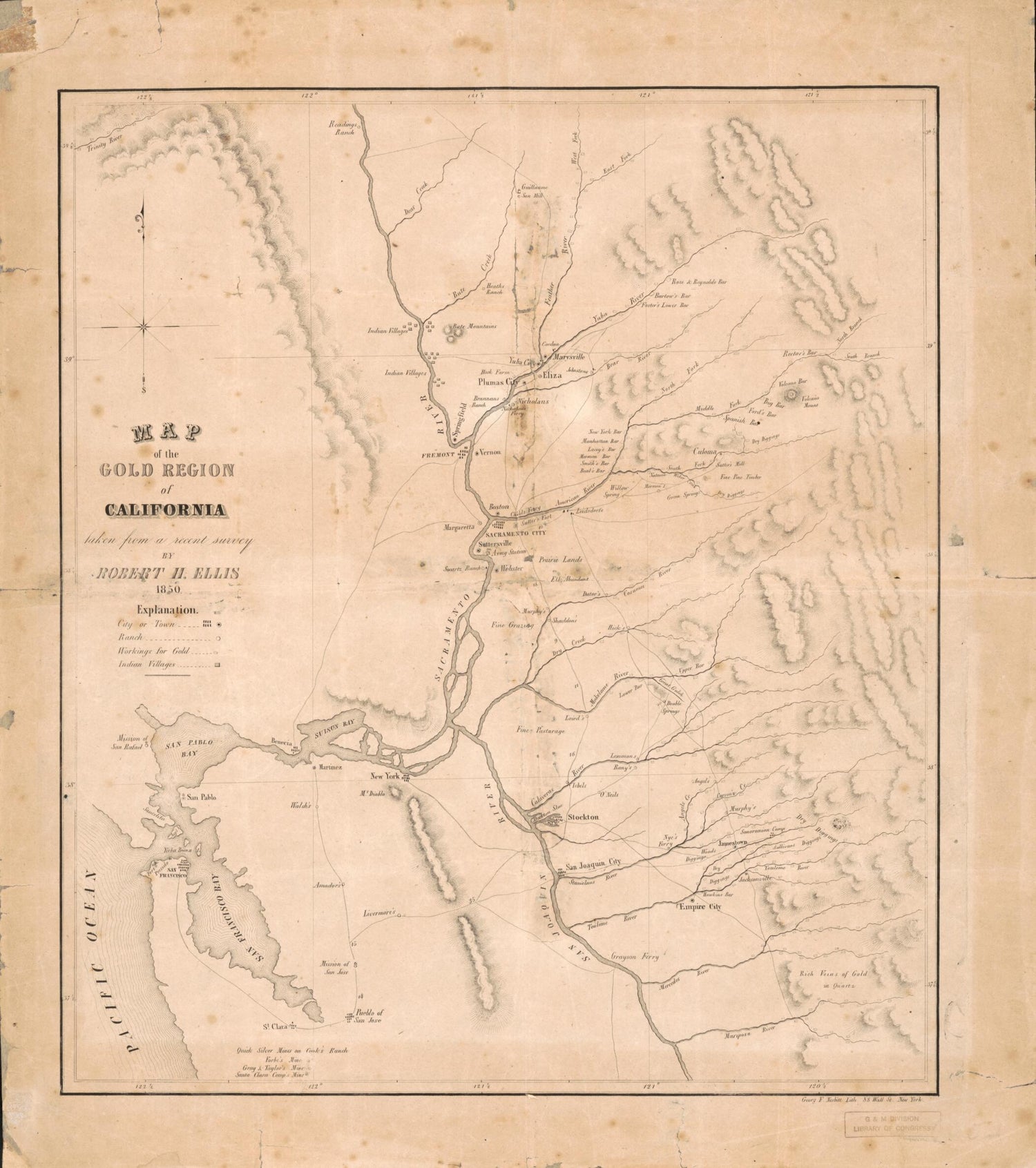 This old map of Map of the Gold Region of California, Taken from a Recent Survey from 1850 was created by Robert H. Ellis in 1850