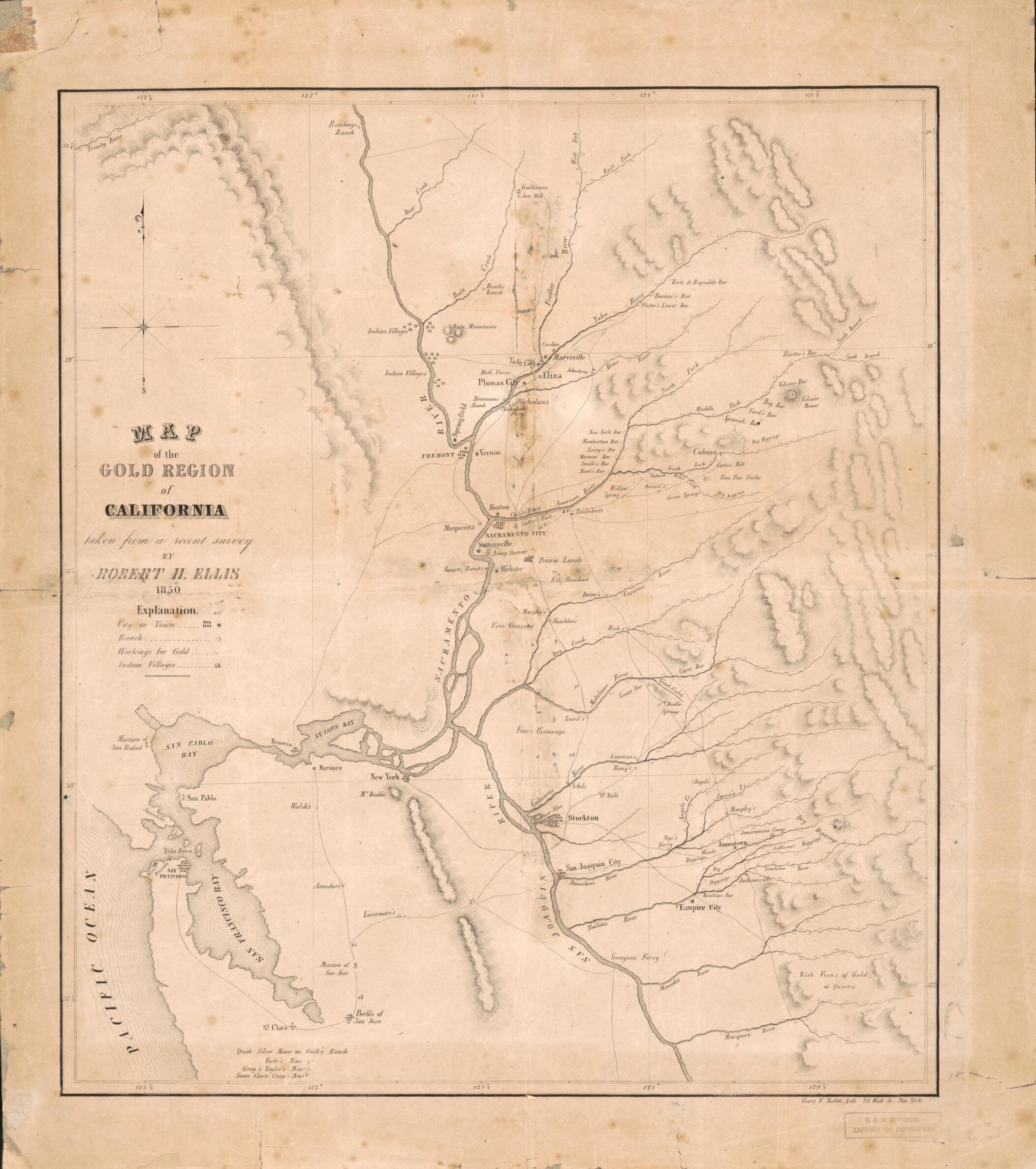 This old map of Map of the Gold Region of California, Taken from a Recent Survey from 1850 was created by Robert H. Ellis in 1850