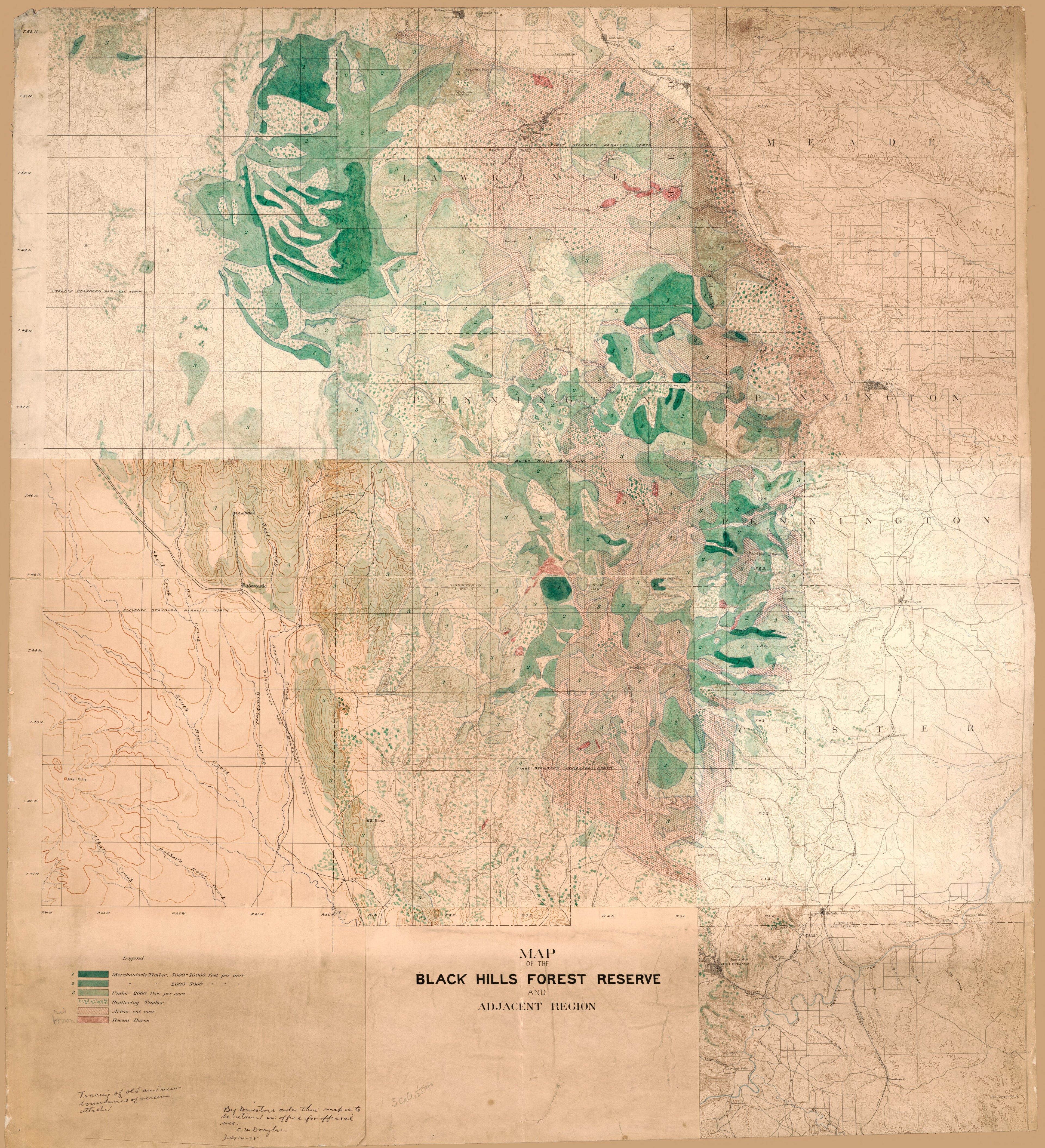 This old map of Map of the Black Hills Forest Reserve and Adjacent Region. (Black Hills Reserve, Timber Map) from 1897 was created by Edward Morehouse Douglas,  Geological Survey (U.S.) in 1897