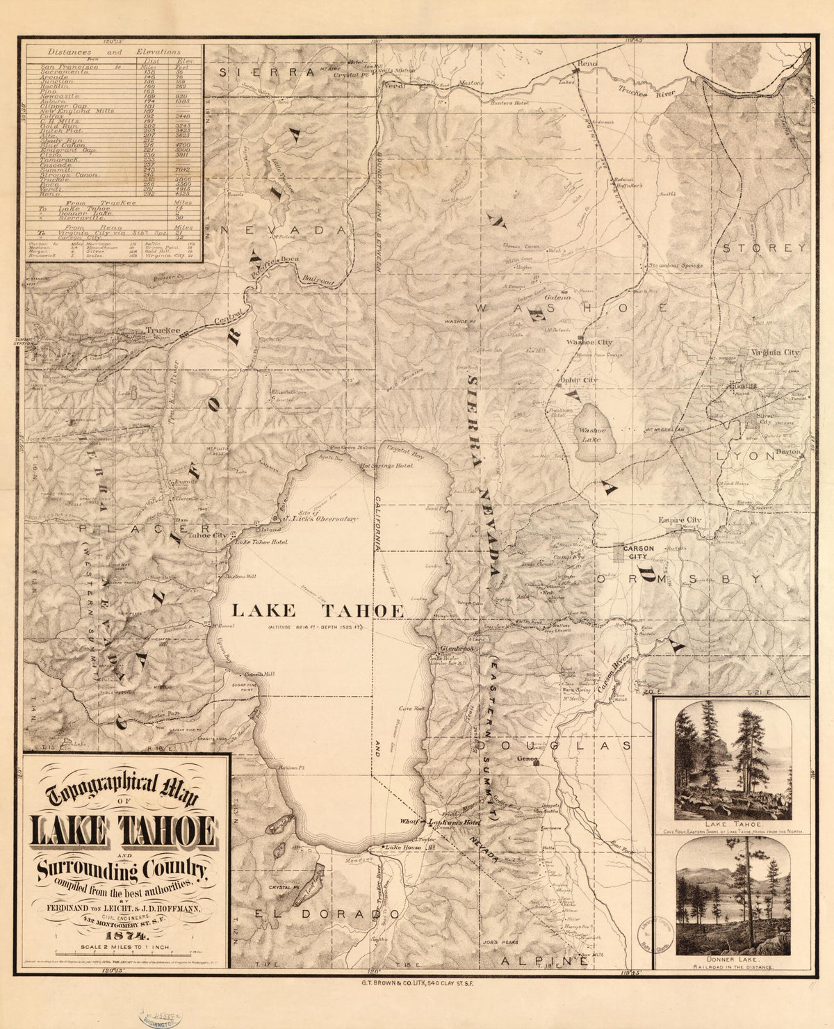 Topographical Map of Lake Tahoe and Surrounding Country 1874 by Relic Map Company