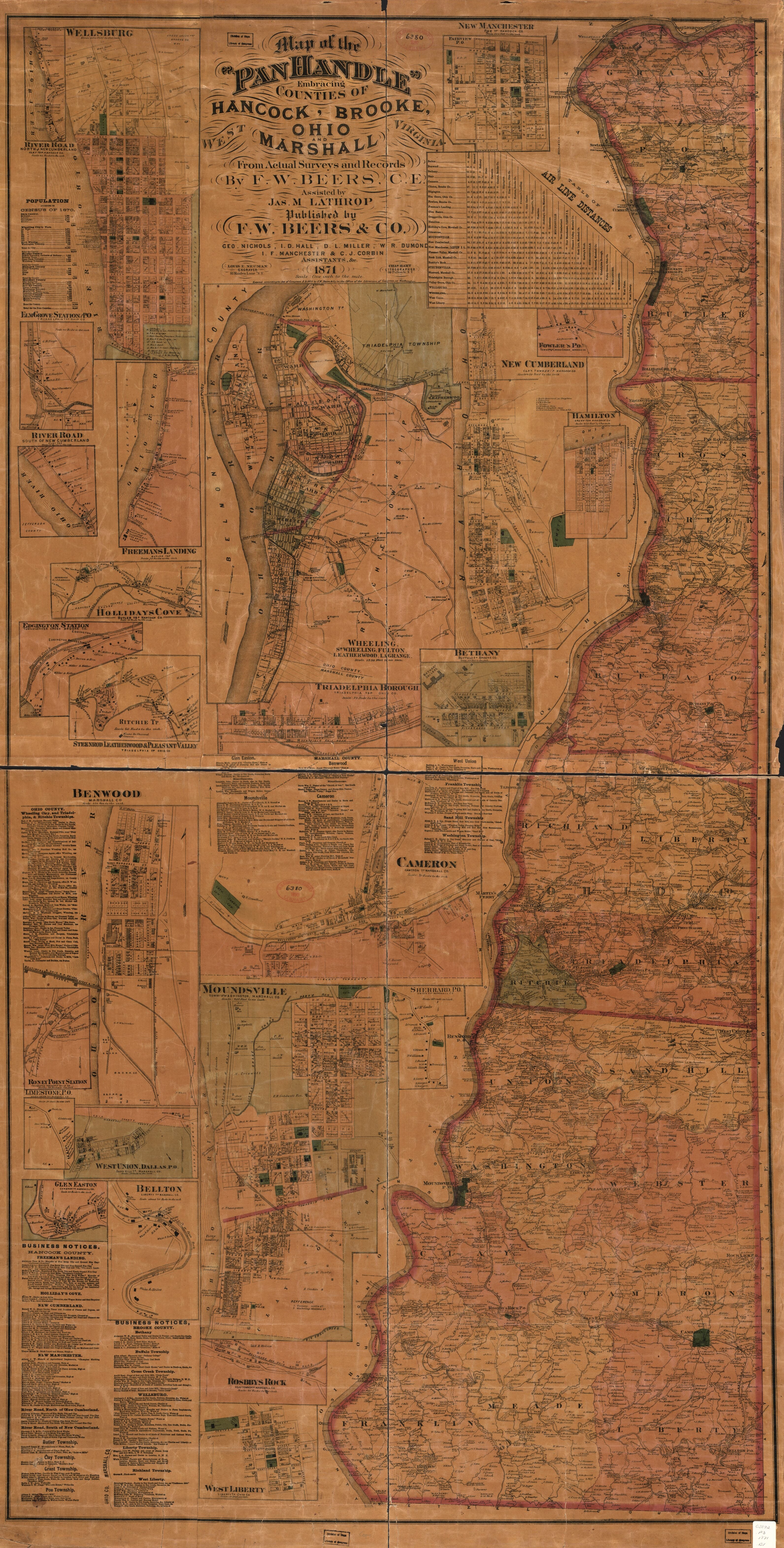 This old map of Map of the Panhandle Embracing Counties of Hancock, Brooke, Ohio and Marshall, West Virginia from 1871 was created by  F.W. Beers &amp; Co, J. M. (James M.) Lathrop in 1871