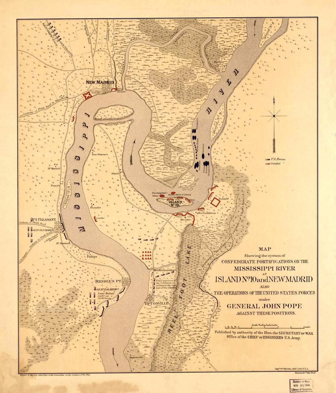 This old map of Map Showing the System of Confederate Fortifications On the Mississippi River at Island No. 10 and New Madrid, Also the Operations of the United States Forces Under General John Pope, Against These Positions from 1862 was created by Wm Ho
