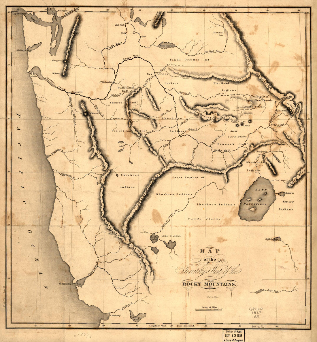 This old map of Map of the Territory West of the Rocky Mountains from 1837 was created by Benjamin Louis Eulalie De Bonneville, S. Stiles in 1837